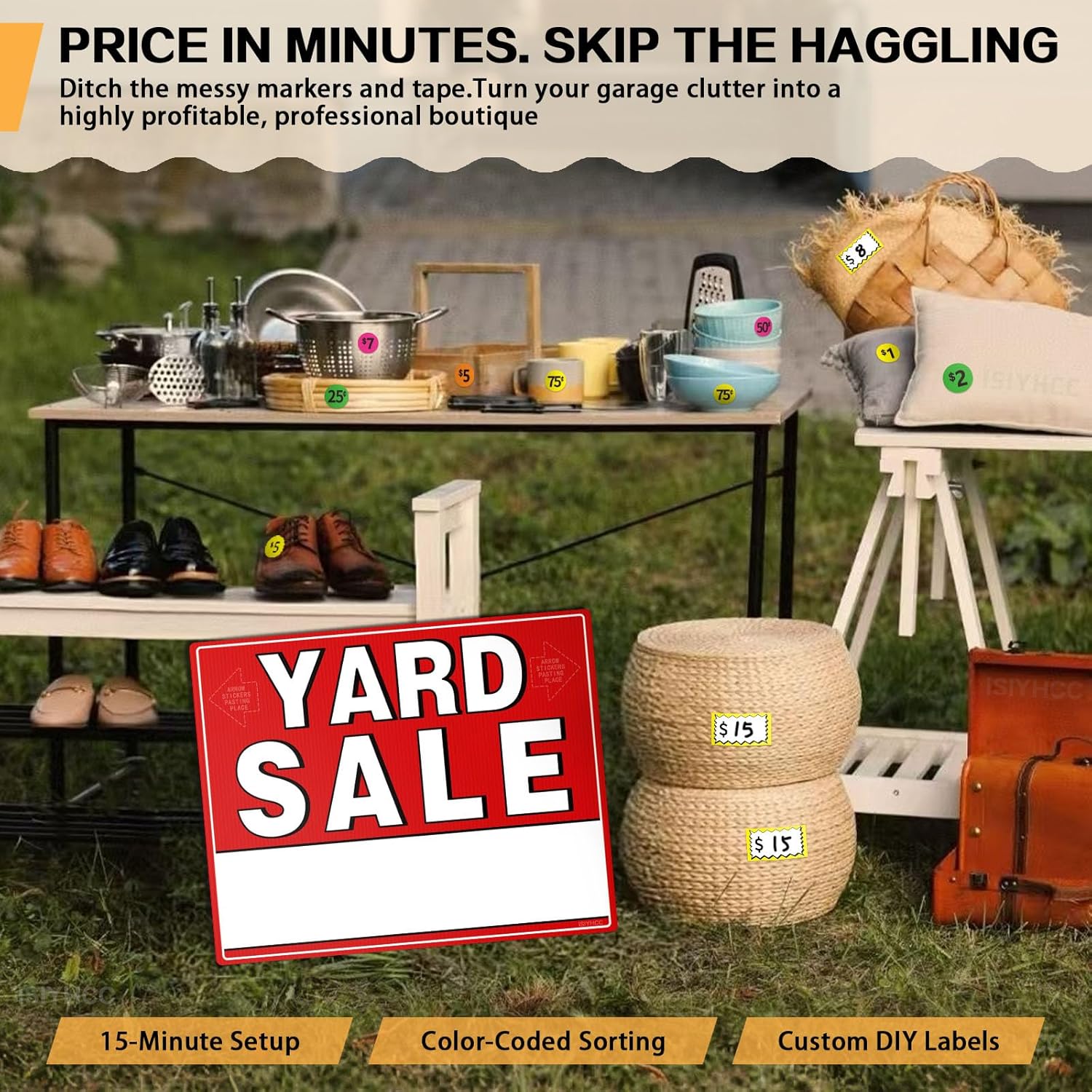 5-Pack Yard Sale Signs with Metal Stakes & 440 Price Stickers - Large 17x13" Double Sided Garage Sale Sign Kit, Complete Supplies with Weatherproof Directional Arrows