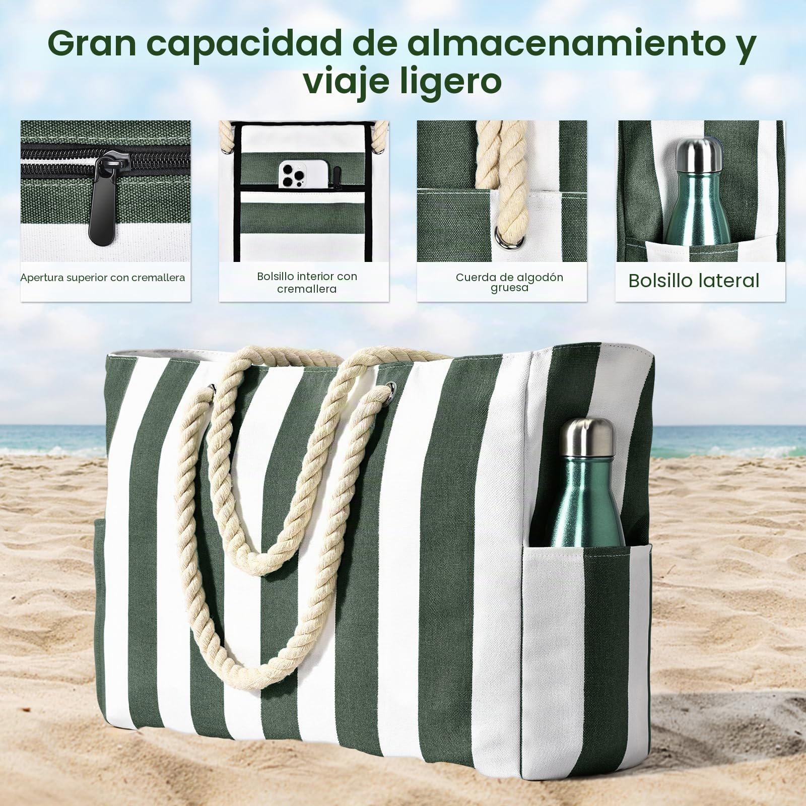 Becokan Bolsa de natación para mujer, impermeable, a prueba de arena, grande, a rayas, con cremallera