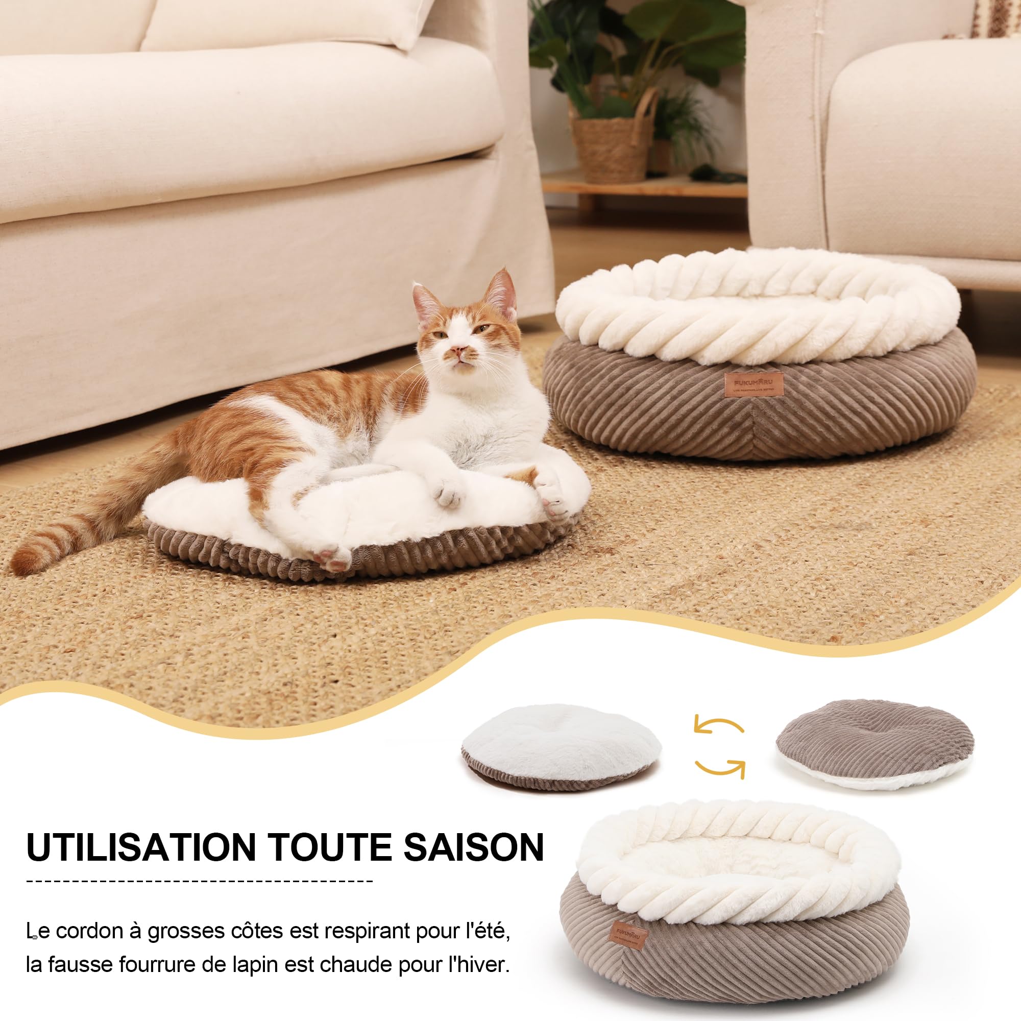 FUKUMARU Panier pour Chien, Lit Rond Lavable pour Chat d'Intérieur, Coussin Douillet en Fausse Fourrure Apaisant avec Fond Anti-Dérapant, 53 cm, Camel