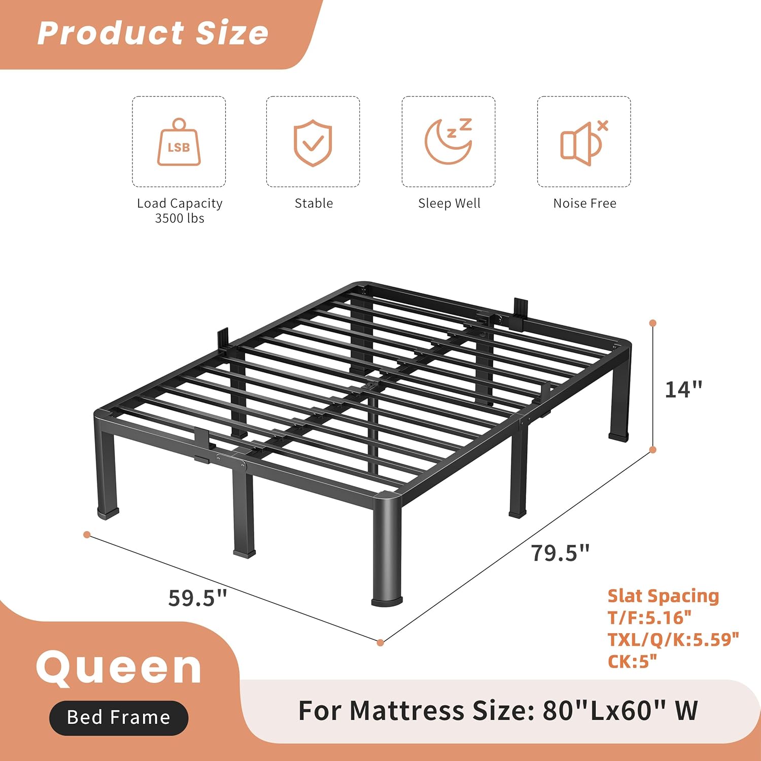 14 Inch Queen Heavy Duty 3500 lbs Bed Frame with Round-Corner Legs & Anti-Squeak Design – Quick Assembly Metal Platform, No Box Spring Needed - Image 3