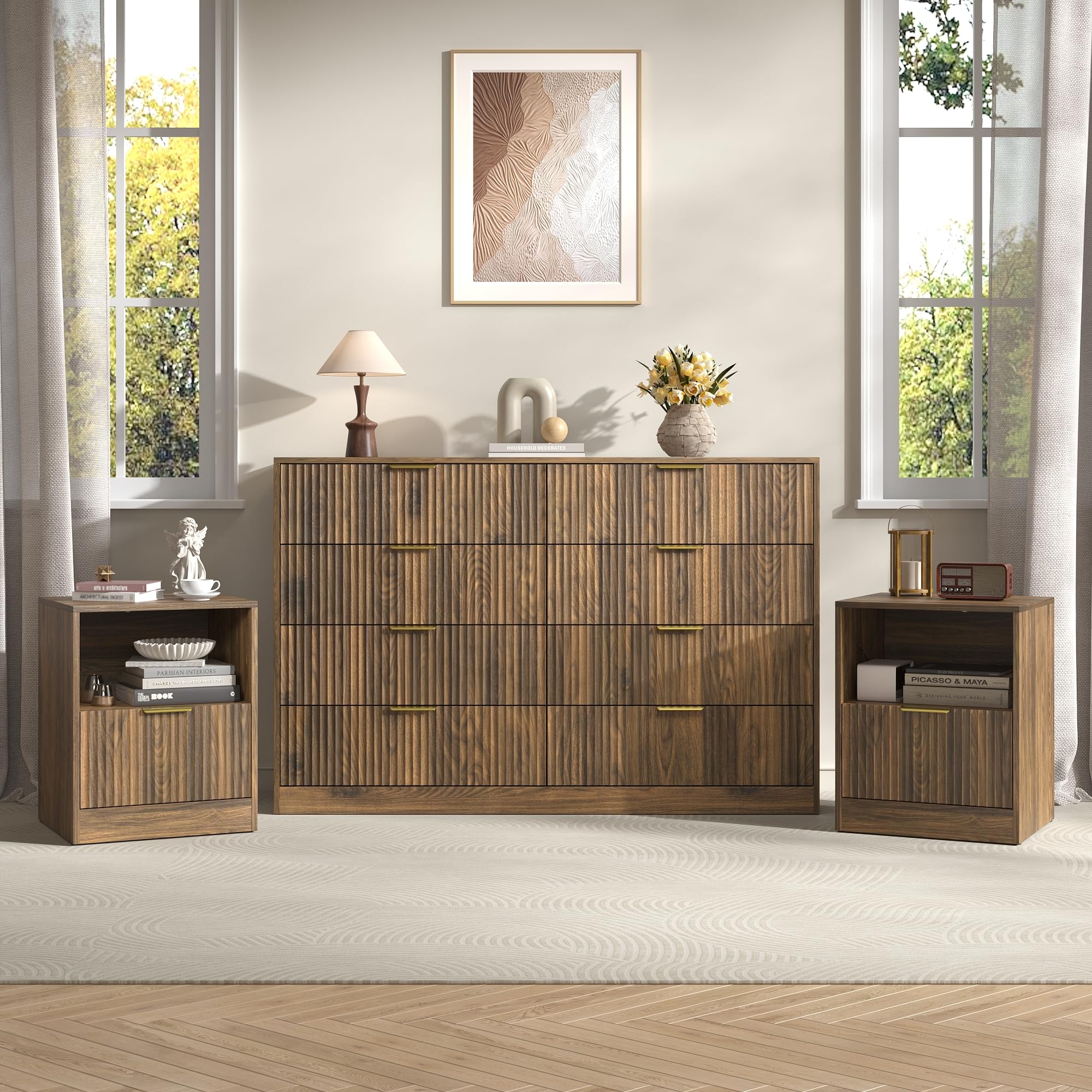 Sscaktu 3-Piece Modern Bedroom Furniture Set, Wide 8-Drawer Dresser & 1-Drawer Nightstands Set of 2, Natural Wood Dresser and Nightstand Sets for