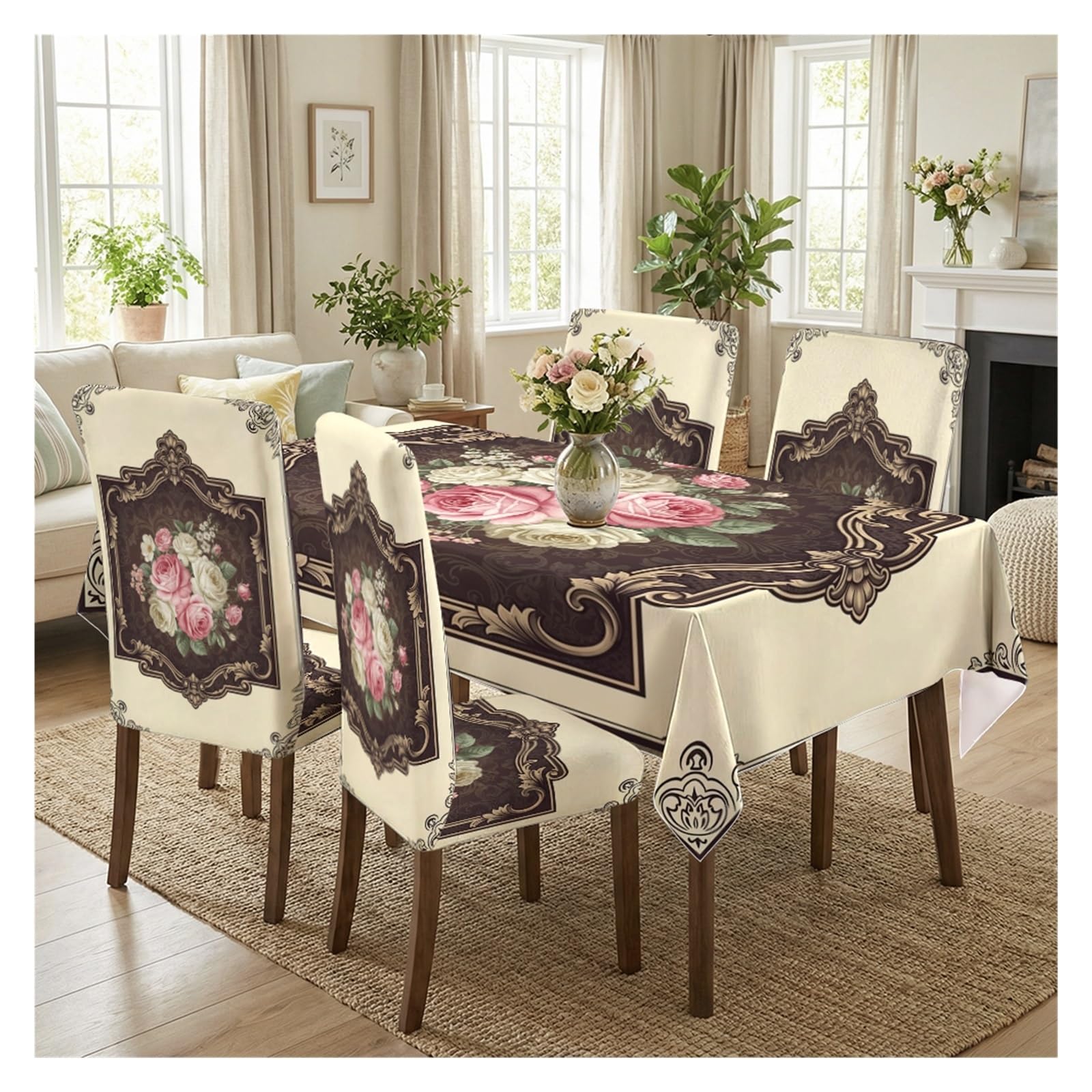 KXUAUV Vintage Baroque Rose Stretch Dining Chair Slipcover & Tablecloth Set, Elegant Decor For Dining Room, Tea Party & Wedding, 5/7 Pack Party Decor(5pcs Set: Tablecloth+Chair Covers)