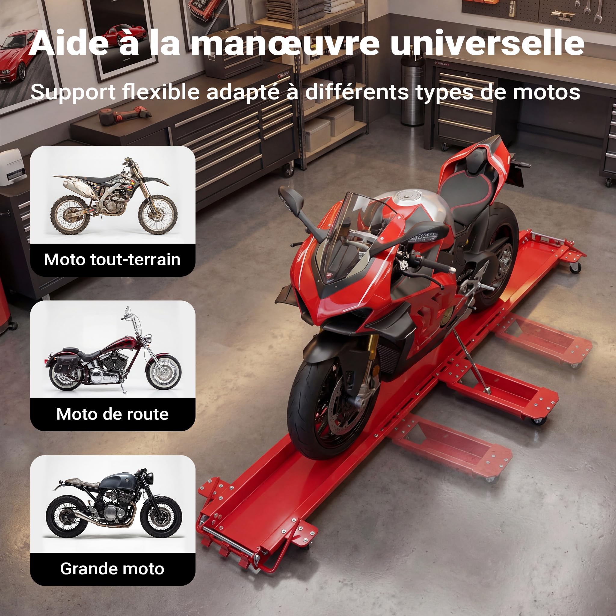 Chariot roulant pour moto jusqu’à 570 kg Aide à la manœuvre Range-moto