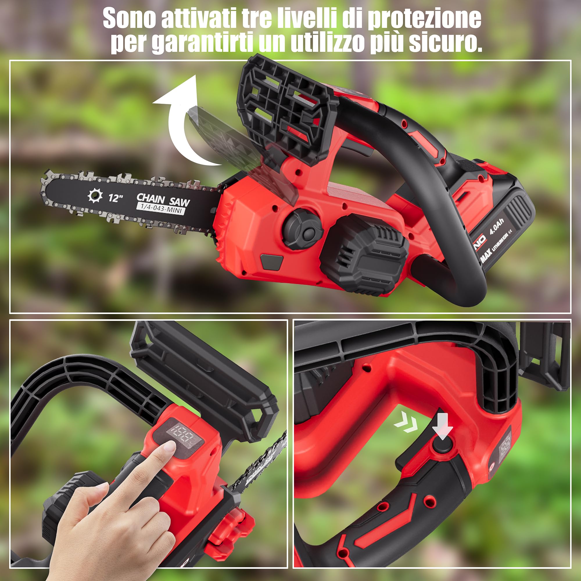 Motosega a Batteria 12 Pollici, 1200W Brushless Motosega Elettrica Senza Fili con 2 Batterie 4.0Ah e Caricatore, Serbatoio Olio 120ml, Tensione Catena Senza Utensili, Potatura Alberi e Taglio Legna