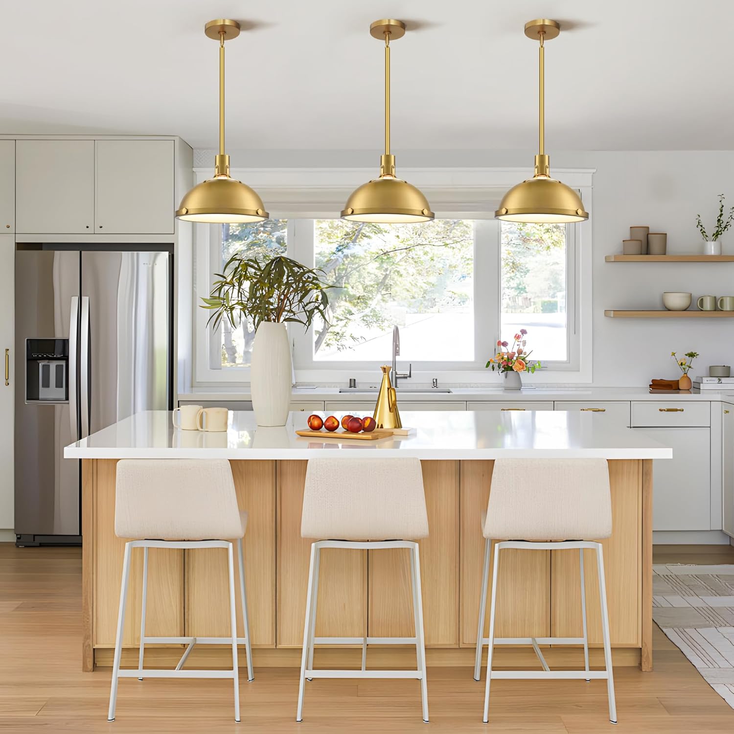 12.7 Inch Brushed Gold Modern Pendant Lights, Contemporary Dome Kitchen Island Pendant Lighting, 1-Light Small Ceiling Hanging Light Fixture with Opal Glass Diffuser, Over Sink Table Bar Hall