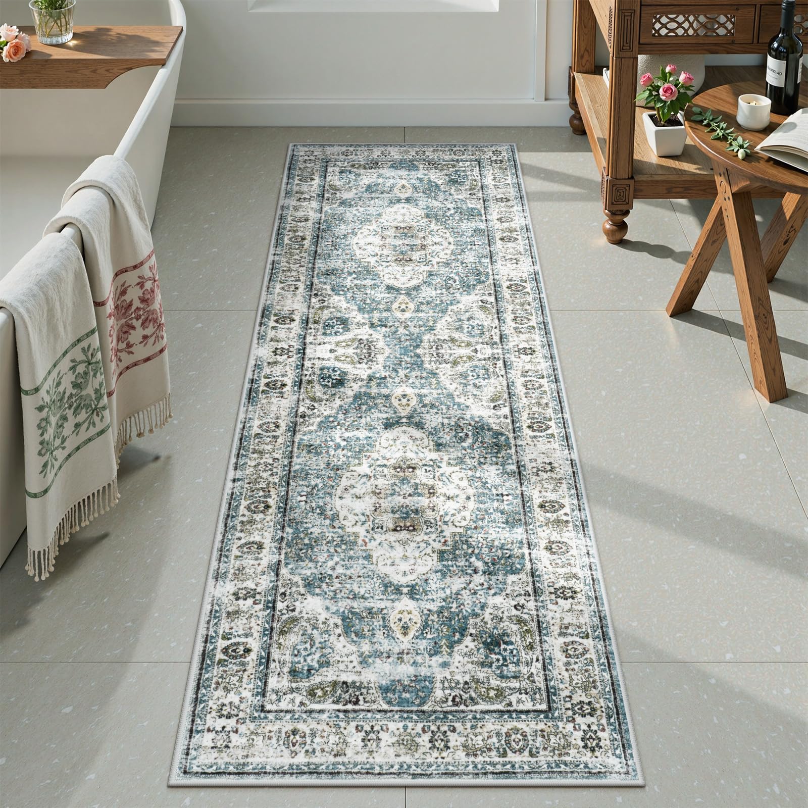 Uphome Bathroom Rugs Runner, Distressed Farmhouse Boho Blue Bath Mat, Non Slip Washable Long Bath Rugs, Vintage Traditonal Soft Velvet Bathroom Runner