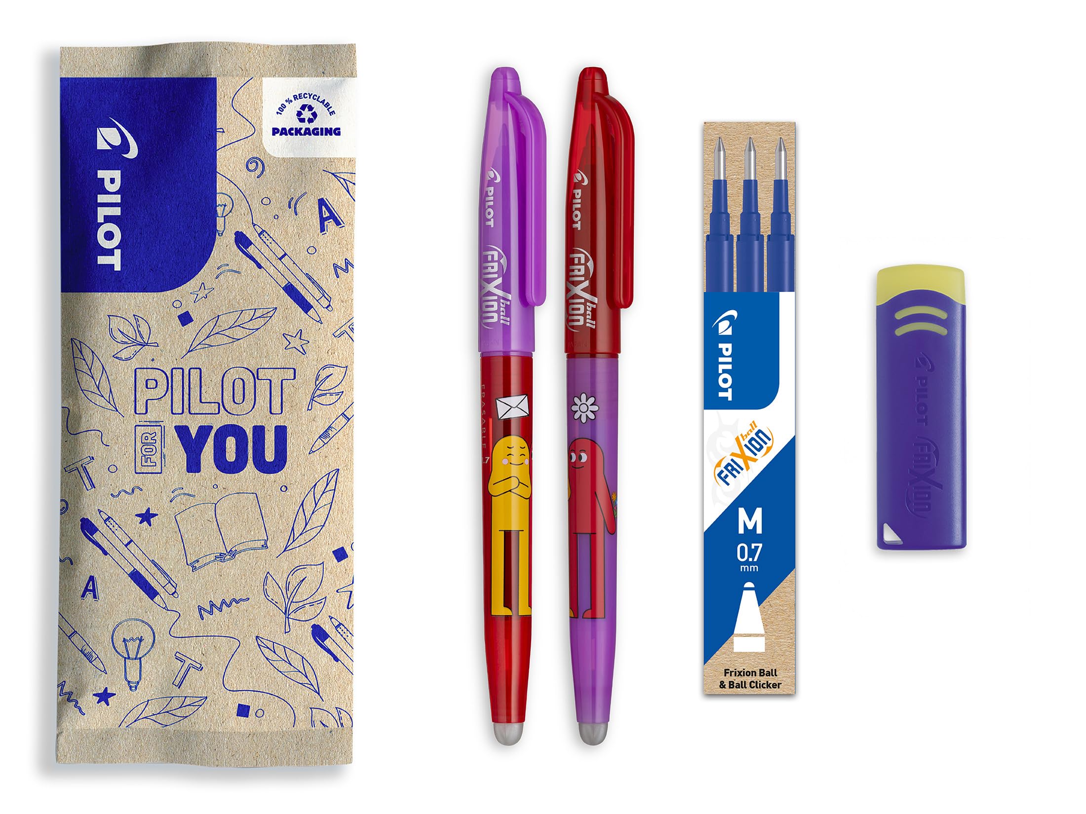 PILOT - Set of 2 FriXion Ball + 3 Refills + Free Eraser - Cute Erasable Pens - Limited Edition Friends, Friendship Pen - Refillable - Blue Ink - Medium Tip
