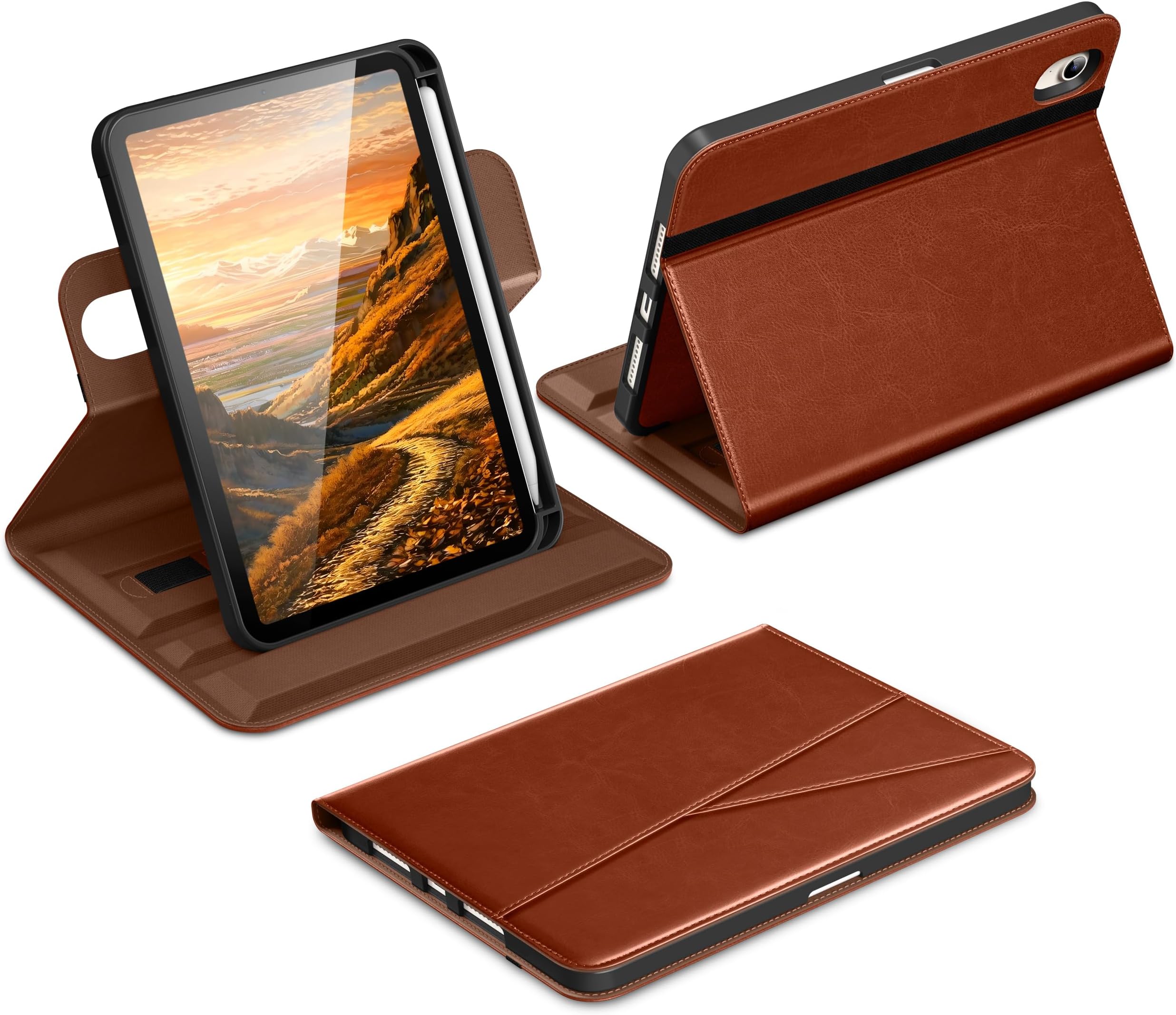 DTTO for iPad mini 7 (A17 Pro) Case, iPad mini 7th / 6th Generation Case (2024/2021), 360 Degree Rotating Premium Leather Folio Stand Cover with Pencil Holder, Brown