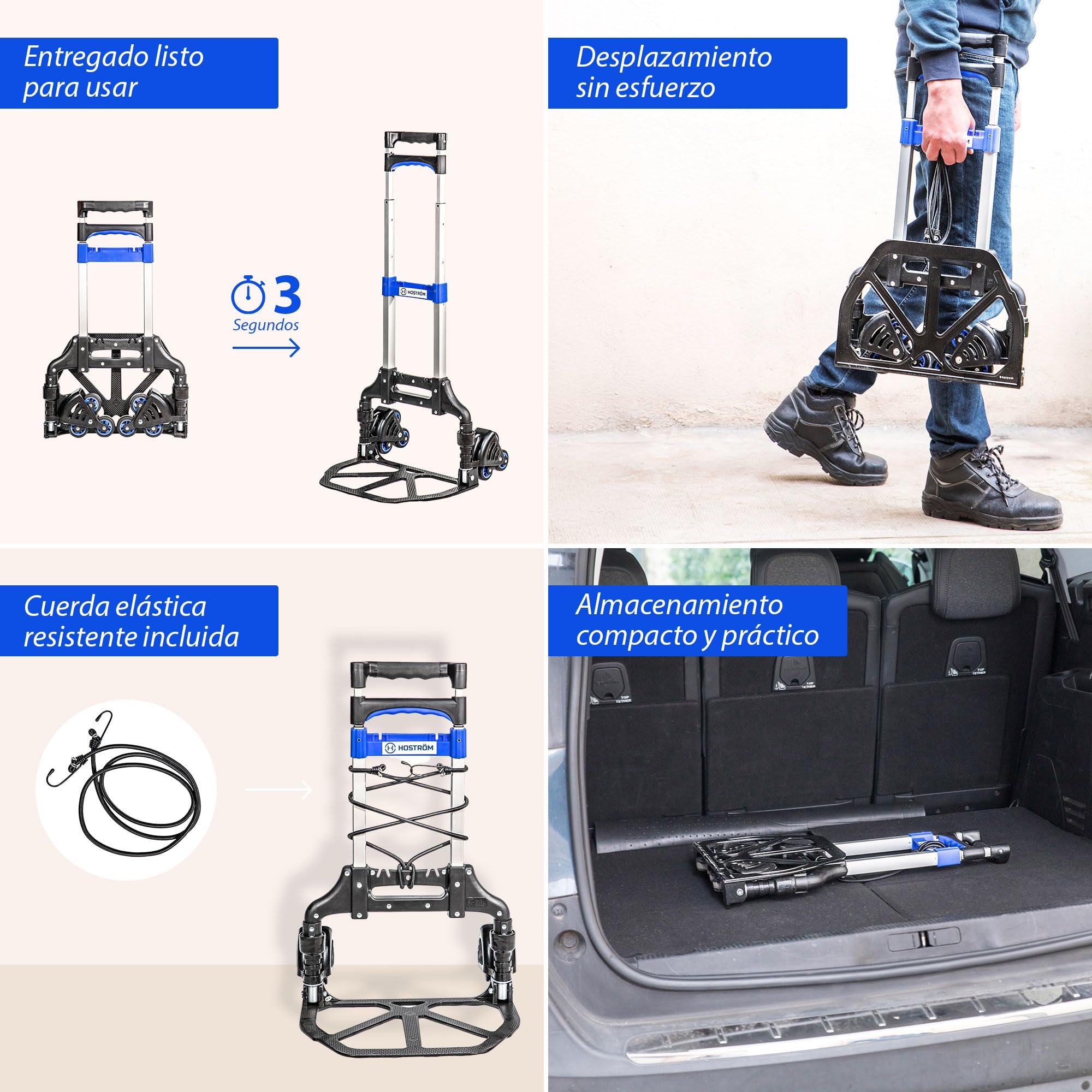 HOSTRÖM Carro Plegable para escaleras de Aluminio, 3 Ruedas, Carro de Transporte y mudanza Compacto, Carga máx. 60 kg, garantía 5 años.