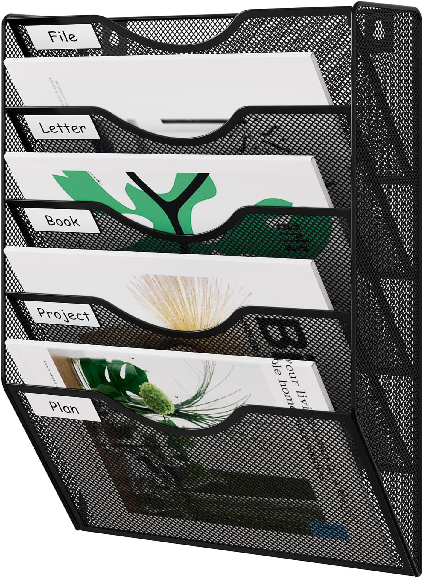Wall File Organizer 5 Tier Hanging Paper Folder Holder, Zero Assembly Metal Mesh Wall Mounted Mail Organizer for Office Home Classroom Narrow Spaces, Black