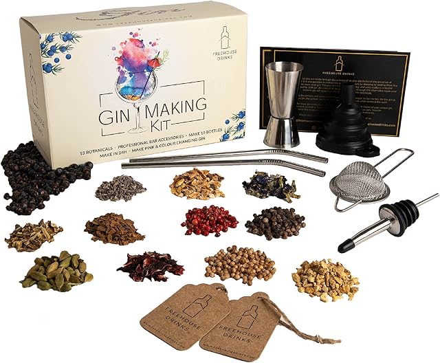Freehouse Gin Making Kit with Cocktail Set: Gin Kit includes 13 Unique Gin Botanicals - Make Your Own Gin in 48h with the Gin Infusion Kit. Gin Gifts for Woman & Men - Ideal Gin Gift Set for presents