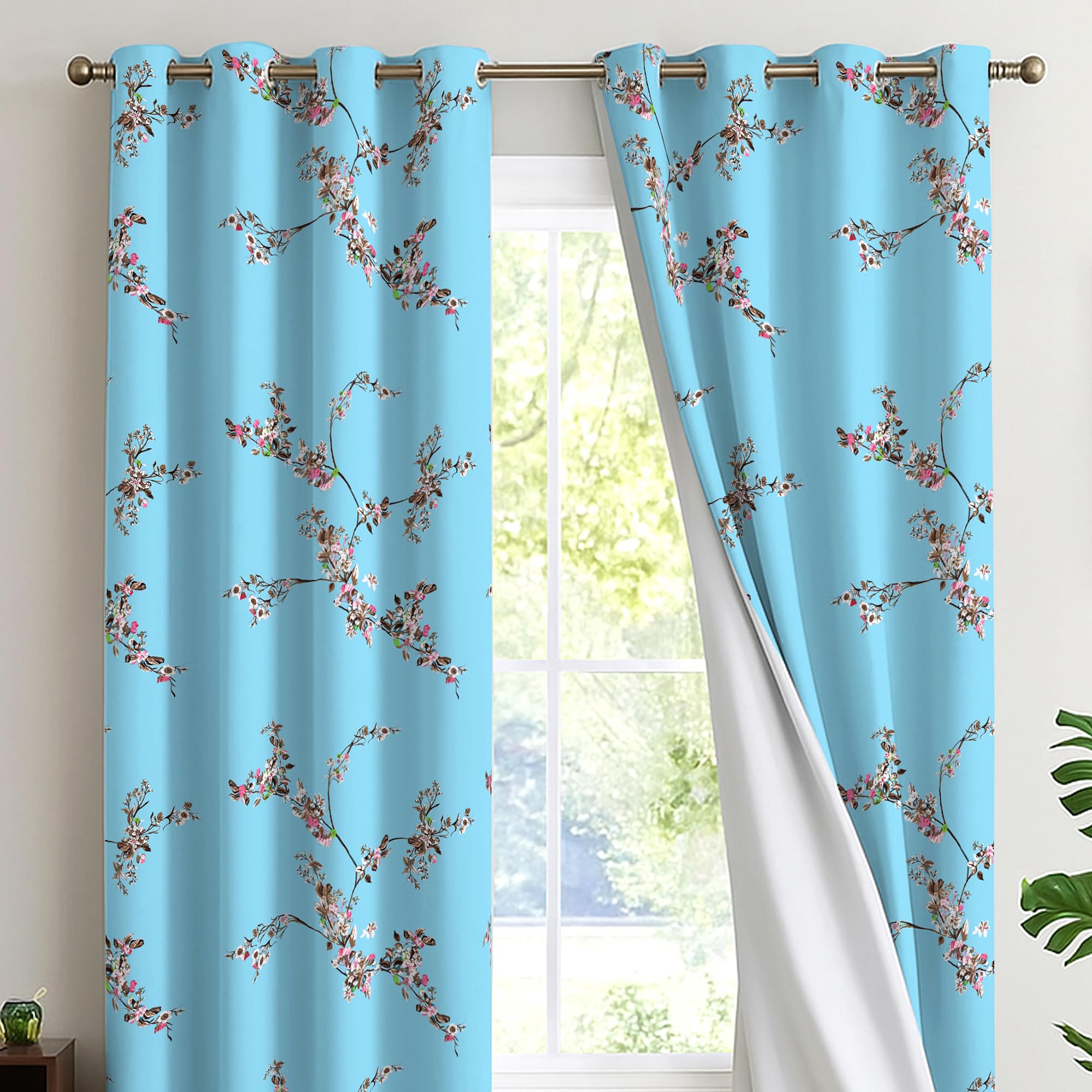 Reliancebedding 100% Blackout Curtains 54 Inch Drop – Elegant Printed Thermal Insulated Window Curtains for Bedroom & Living Room, W46 x L54 Inch, Sky Blossom, 2 Panels