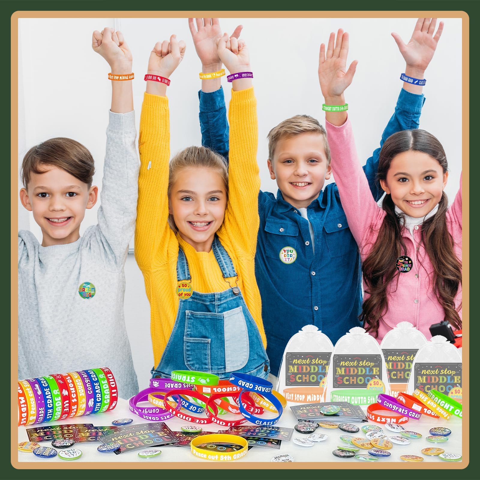 144 Pcs 5th Grade Graduation Gifts Include 36 Rubber Wristbands 36 Graduation Badges 36 Congratulations Graduations Card 36 Organza Bags for Fifth Grade Party Favors Supplies