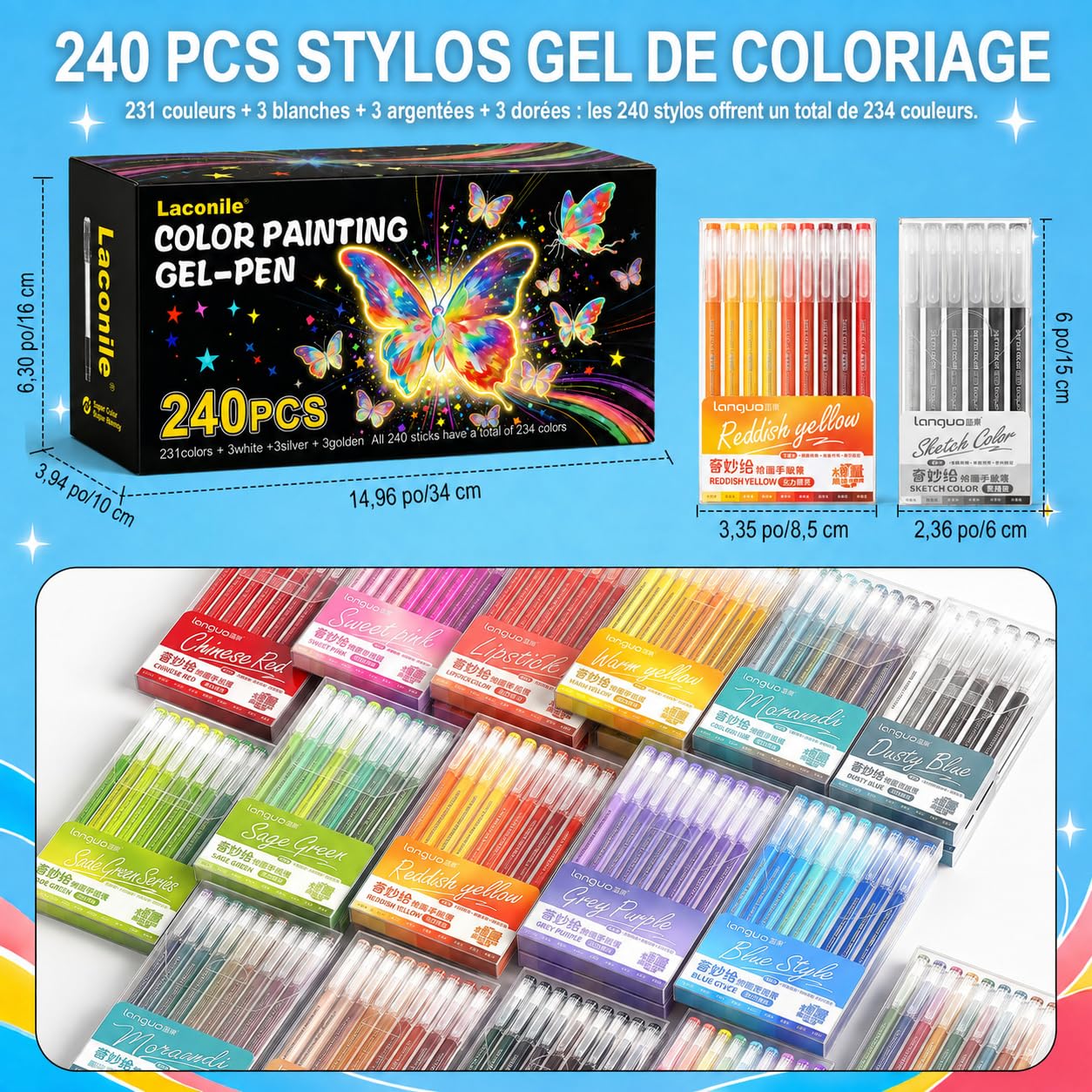 Laconile 240 Stylos Gel pour Coloriage Adulte – Pointe Fine 0,6 mm – Gel Pen pour Scrapbooking, Dessin, Écriture, Griffonnage, Journal – 231 Couleurs Vives + 3 Blanc/3 Argent/3 Or