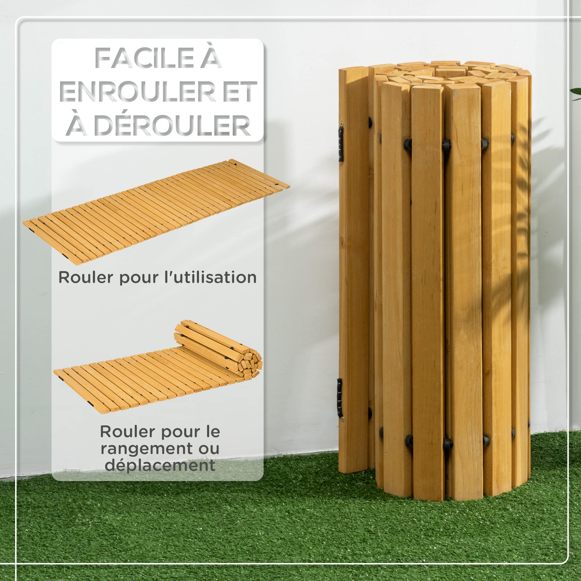 Outsunny Allée Chemin de Jardin en Lattes de Bois Enroulable 185x60cm Jaune | Bois Massif de Pin