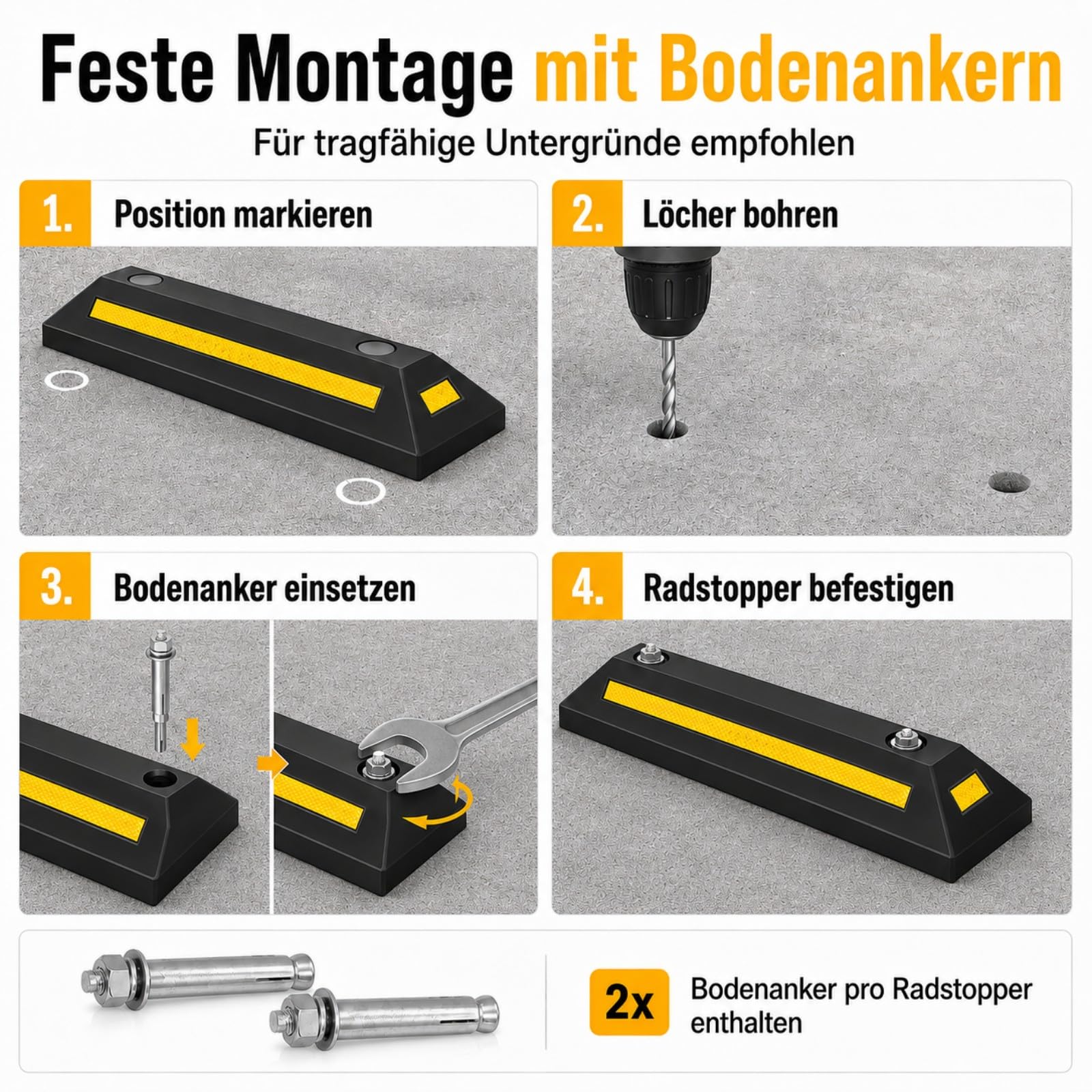 4 Stück Gummi Radstopper 54 x 15 x 9 cm mit Bodenankern | Präzise Einparkhilfe aus wetterbeständigem Gummi mit Reflektorstreifen für Garage, Stellplatz und Außenbereich.