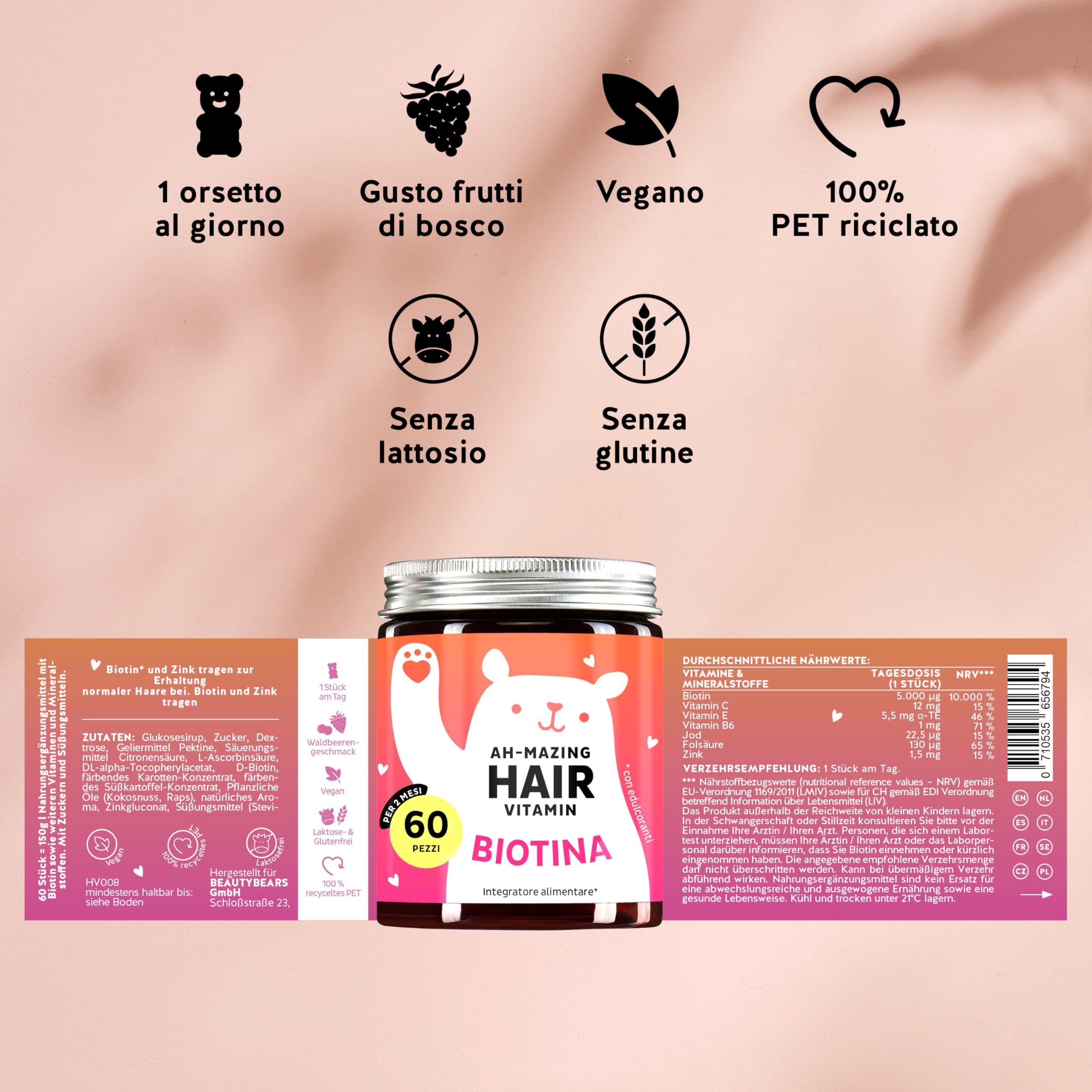 Caramelle Gommose Biotina Ah-mazing Hair Vitamins per Capelli, Pelle e Unghie – 5000 µg di Biotina, Zinco, Vitamine B6, C, E, Acido Folico & Iodio – 60 pezzi (2 mesi), Vegano, Bears with Benefits