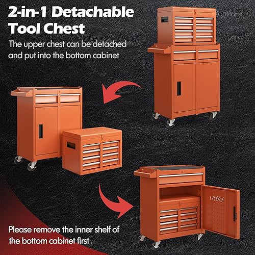 Miniatura 4 de S AFSTAR Cofre de herramientas con 5 cajones y ruedas, ruedas con bloqueo, estante ajustable y forro antideslizante, organizador de caja de