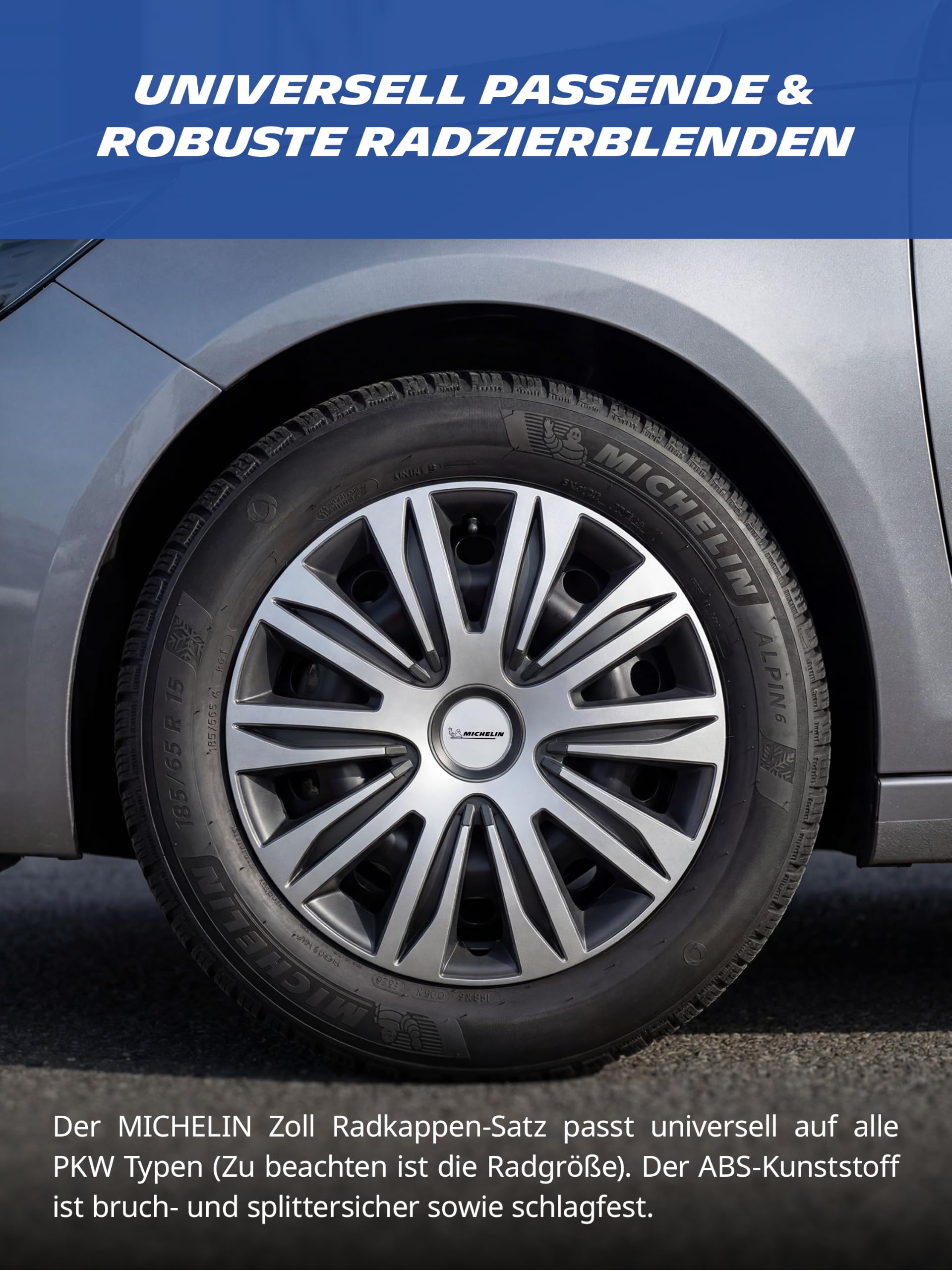 MICHELIN Copricerchi universali da 14 pollici, set da 4 pezzi, per auto, in plastica ABS, colore nero/argento