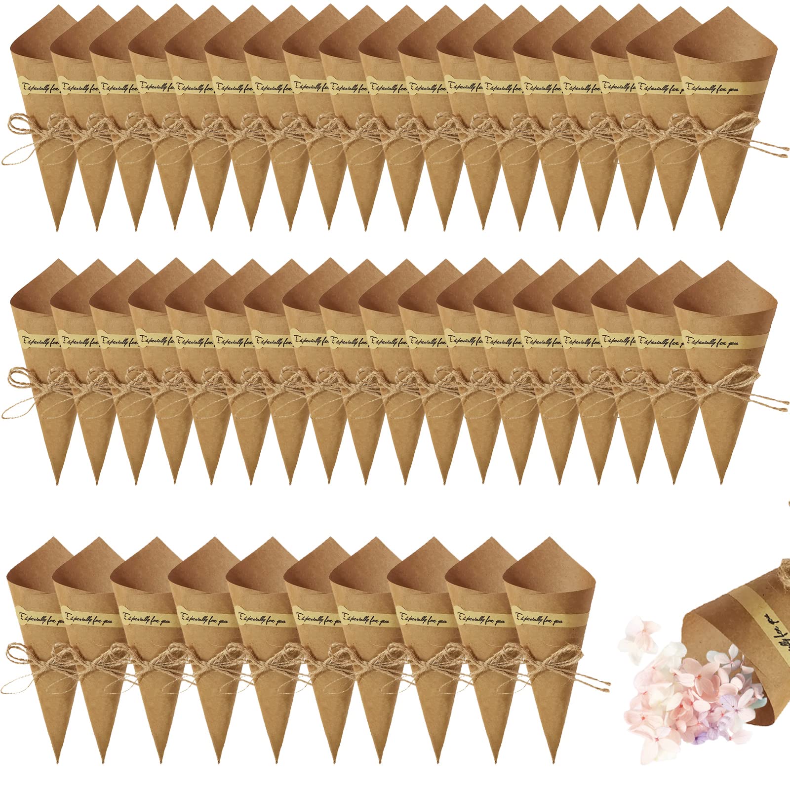 50 Piezas Conos Papel Kcraft, Bolsas de Confeti de Boda, con Cordel y Pegatinas, para Platos de Flores de Caramelo y Confeti(Papel Kraft)