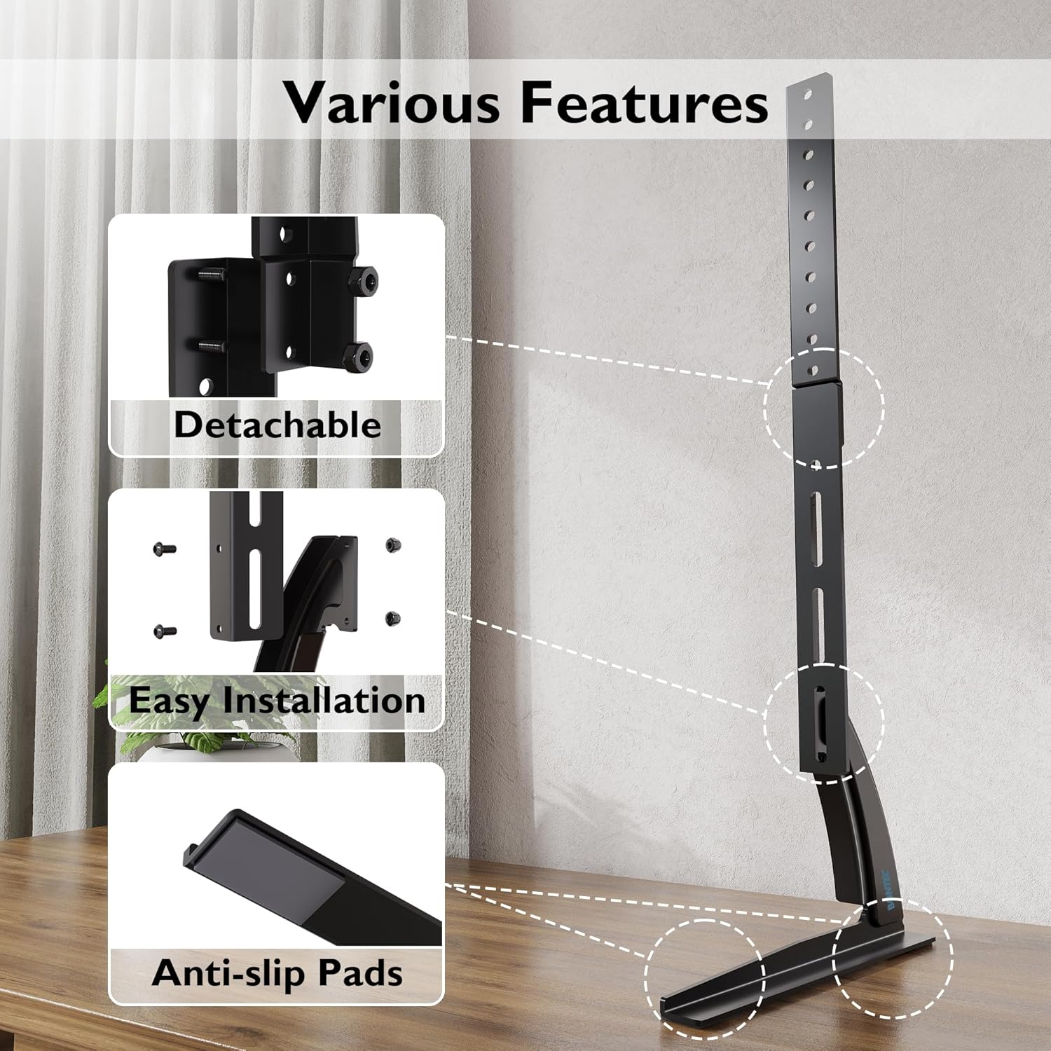 Comparison image showing the BONTEC stand keeping a TV securely upright versus another stand that is unstable.