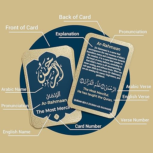 Miniatura 3 de 99 tarjetas didácticas de Allah con versos coránicos en dos idiomas, tarjetas Asma Ul Husna para memorización y conocimiento, árabe e inglés, regalo