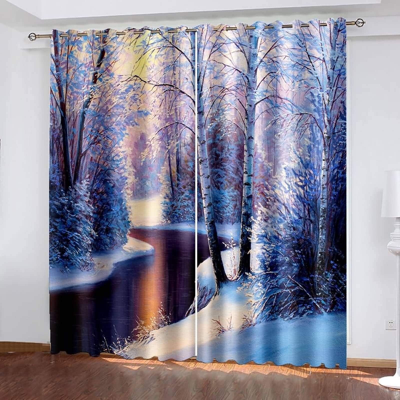 Bedroom Curtains 2 Panel Sets, 34 x 63 Inches Winter River Trees with Snow Insulated Room Darkening Window Drapes with Grommet for Living Room, White Dark Grey