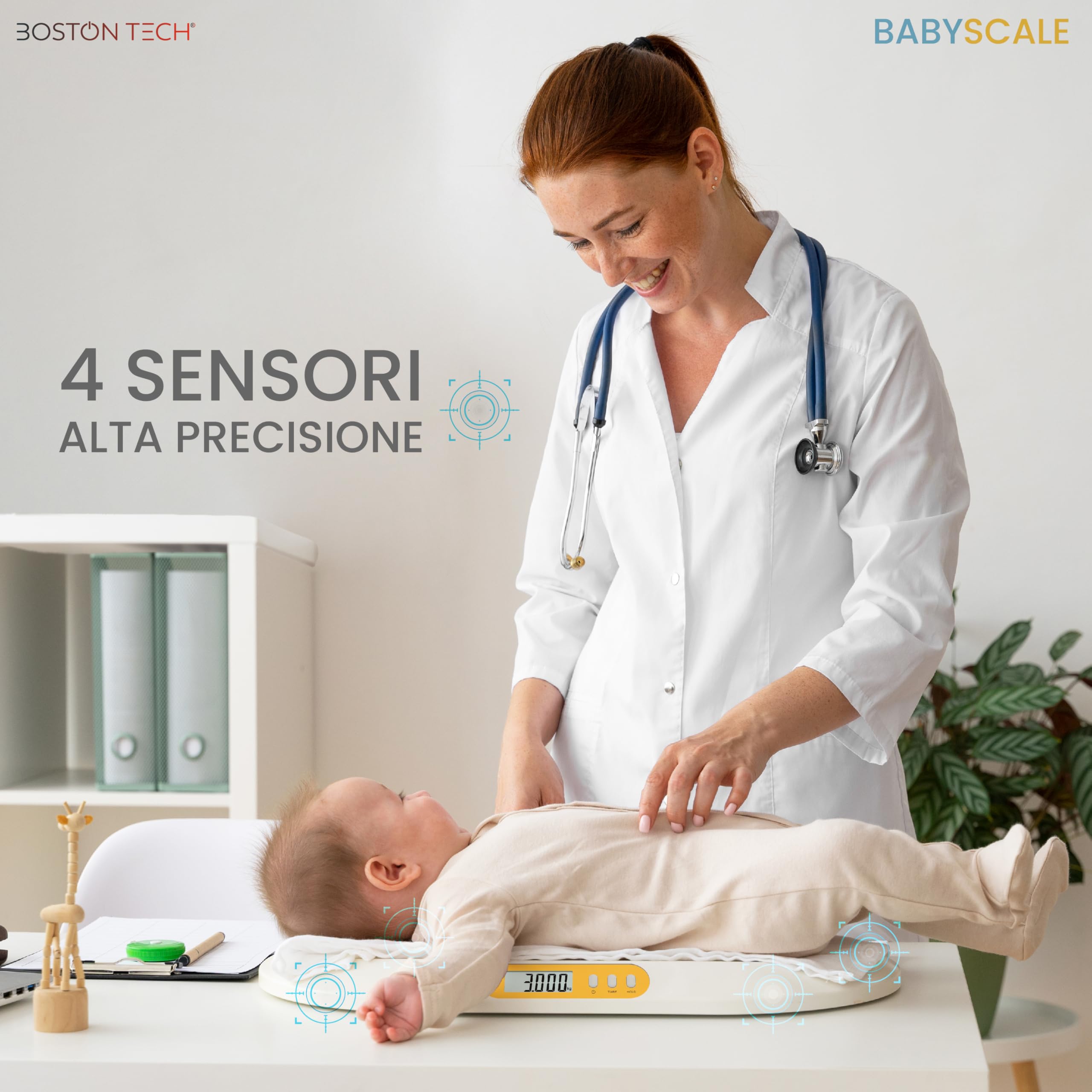 Bilancia Digitale per Neonati e Bambini Boston Tech BA104 con Stadiometro Integrato – Precisione 5g, Funzione TARA e HOLD, Display LCD Retroilluminato, Portata 20 kg, Batterie Incluse