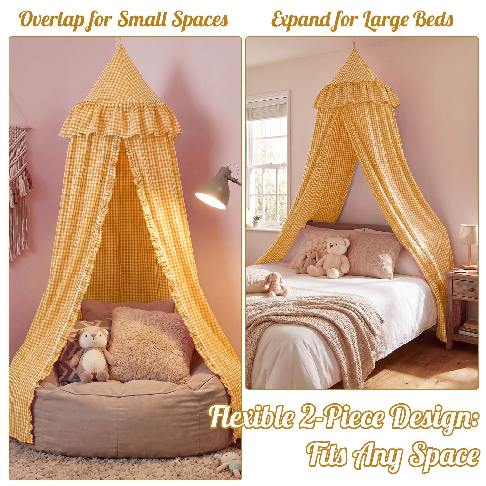 SmoothNovelty Gingham Plaid Bed Canopy with Ruffles Soft Vintage Style Decorative Tent for Reading Nook Play Area or Adult Bedroom Circus Tent Canopy(Yellow) — view 5