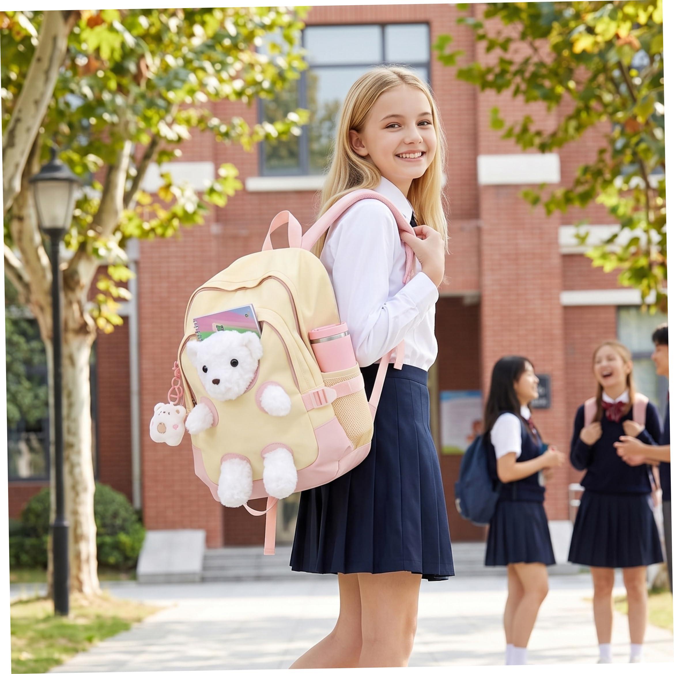 Zaino con orsetto, zaino con orsetto di peluche Kawaii con ciondolo, borsa da scuola carina, borsa per libri per ragazze (giallo)