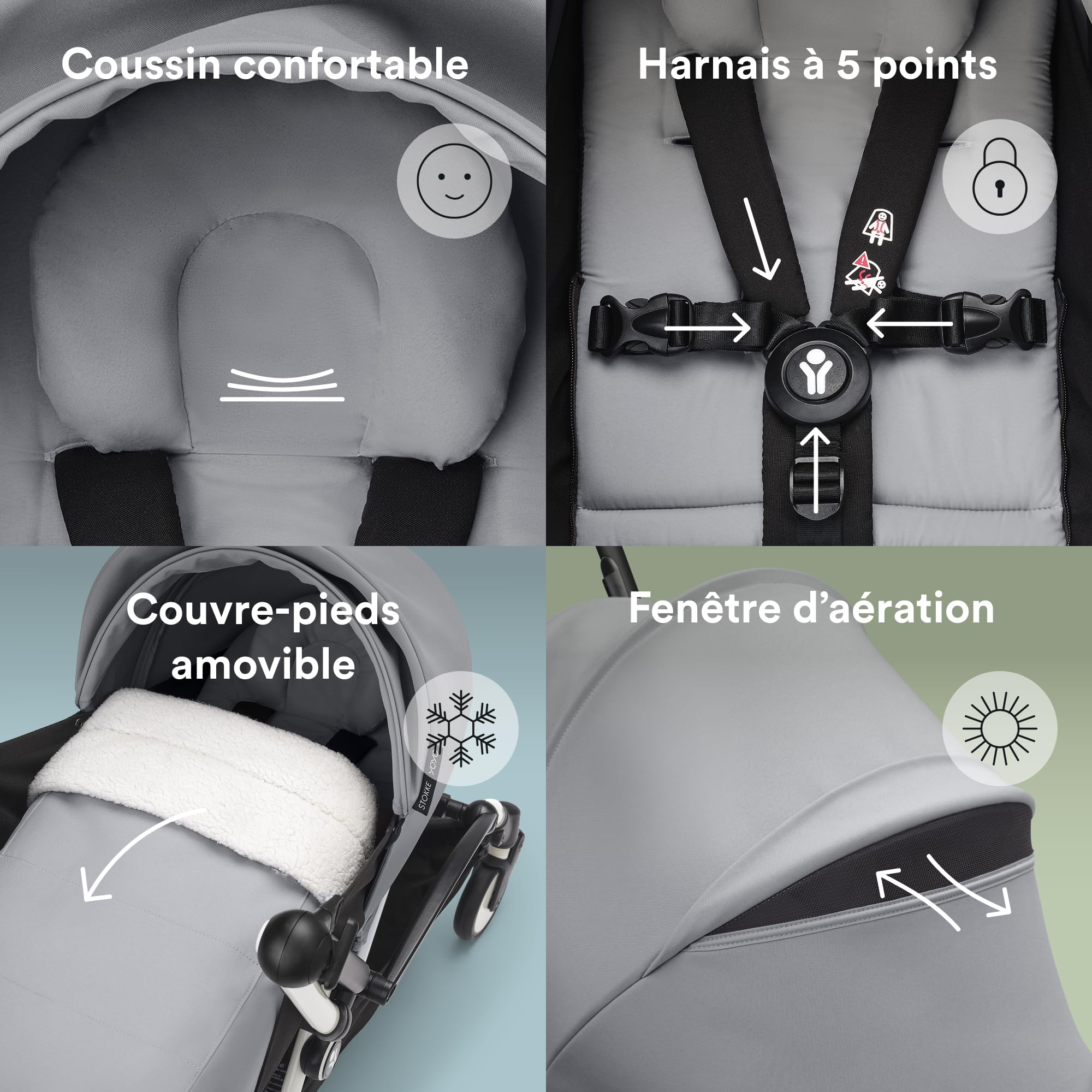 Poussette Stokke YOYO3 avec pack nouveau-né et pack couleur 6+ - Comprend un cadre blanc, un pack couleur YOYO 6+ (Stone) et un pack nouveau-né 0+ (Stone)