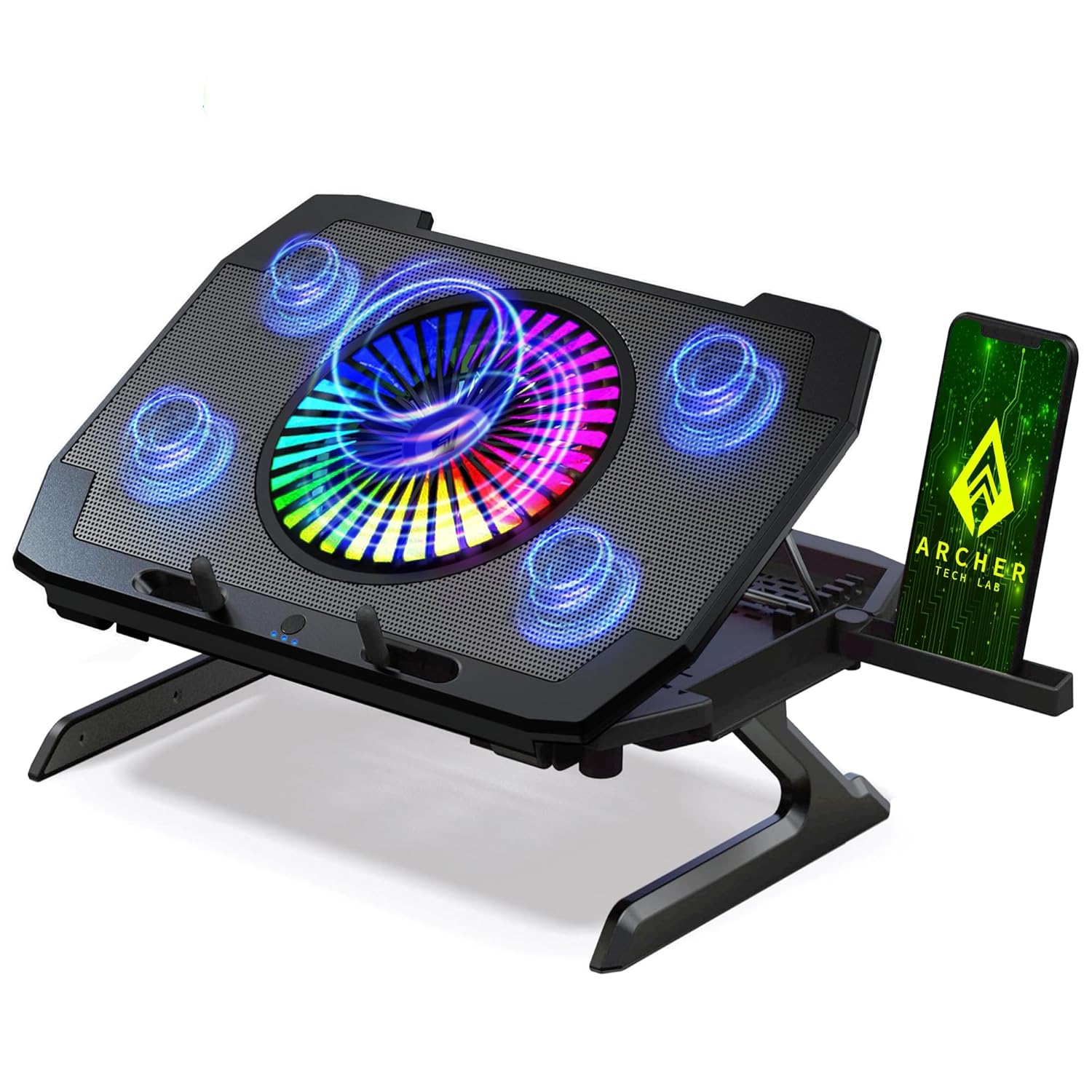 Archer Tech Lab RGB Gaming Laptop Cooling Pad Stand with Aluminum Metal Grid, 5 Turbo Fans Dual USB Ports 7 Adjustable Angles Elevation Bracket & Phone Holder, Supports Up to 17″ Laptop (Squall 300)