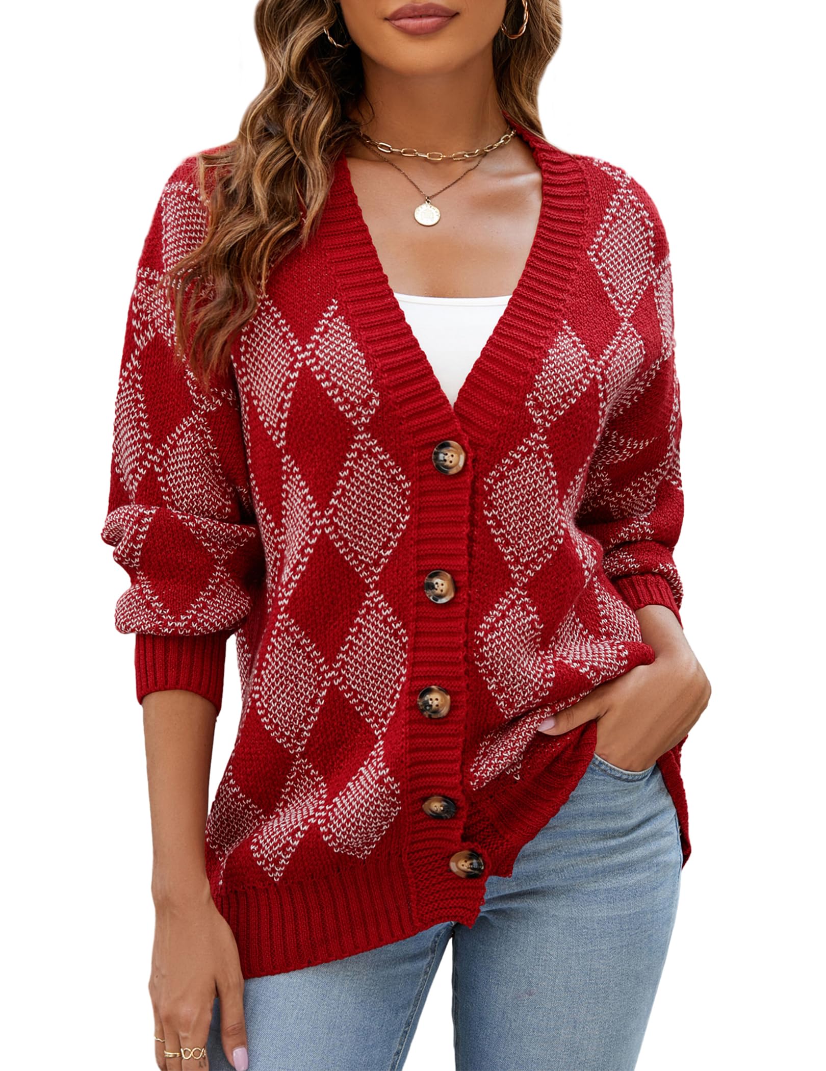 ZAFUL Womens Cardigan Sweaters Argyle Plaid Long Sleeve Button Down Preppy Oversized Chunky Knit Outerwear