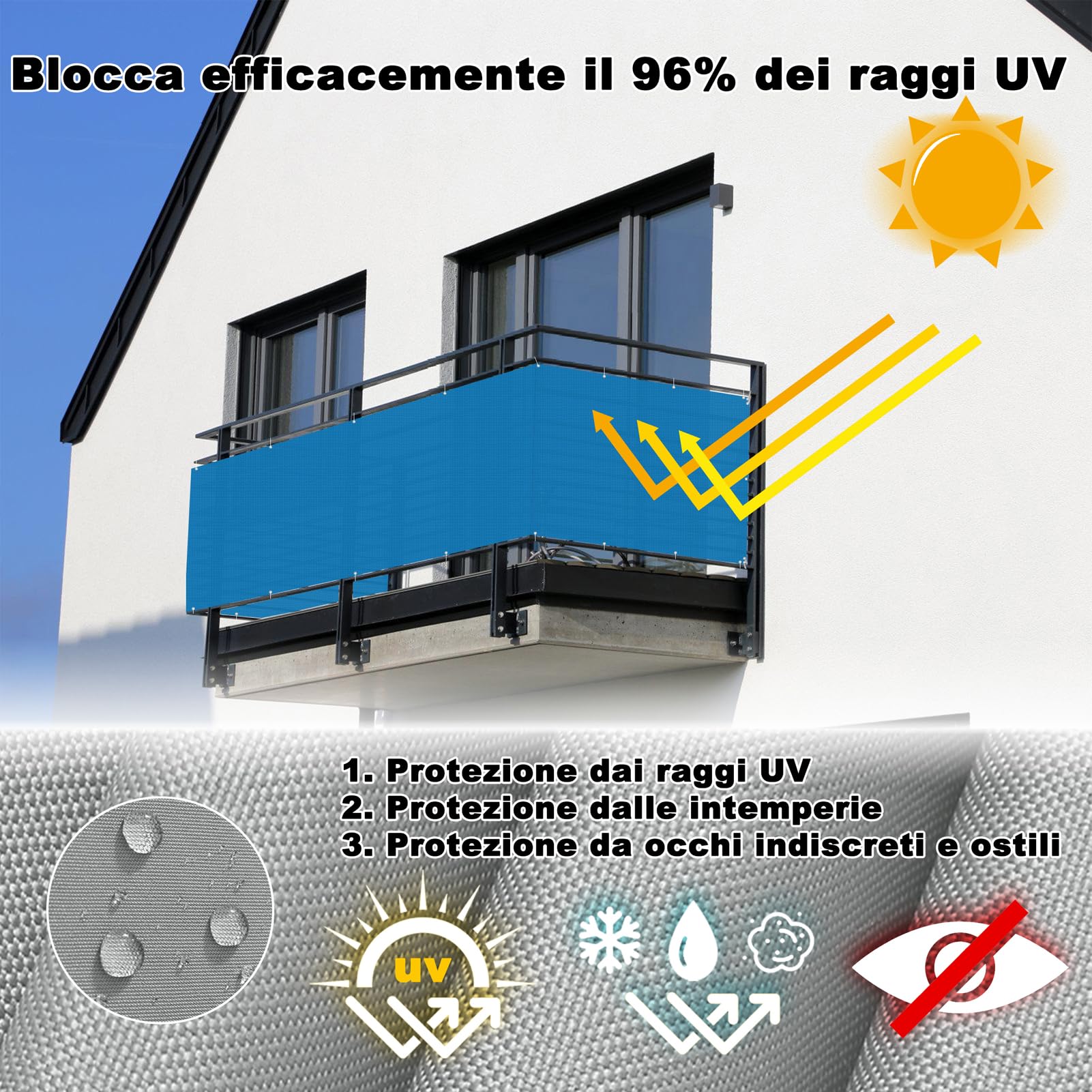 Telo Balcone 0.75 x 9m, 165g/m² Blocco UV al 96% Teli Ombreggianti Da Esterno con Fascette, Facile da Montare per Balcone Giardino Terrazza, Blu Cielo