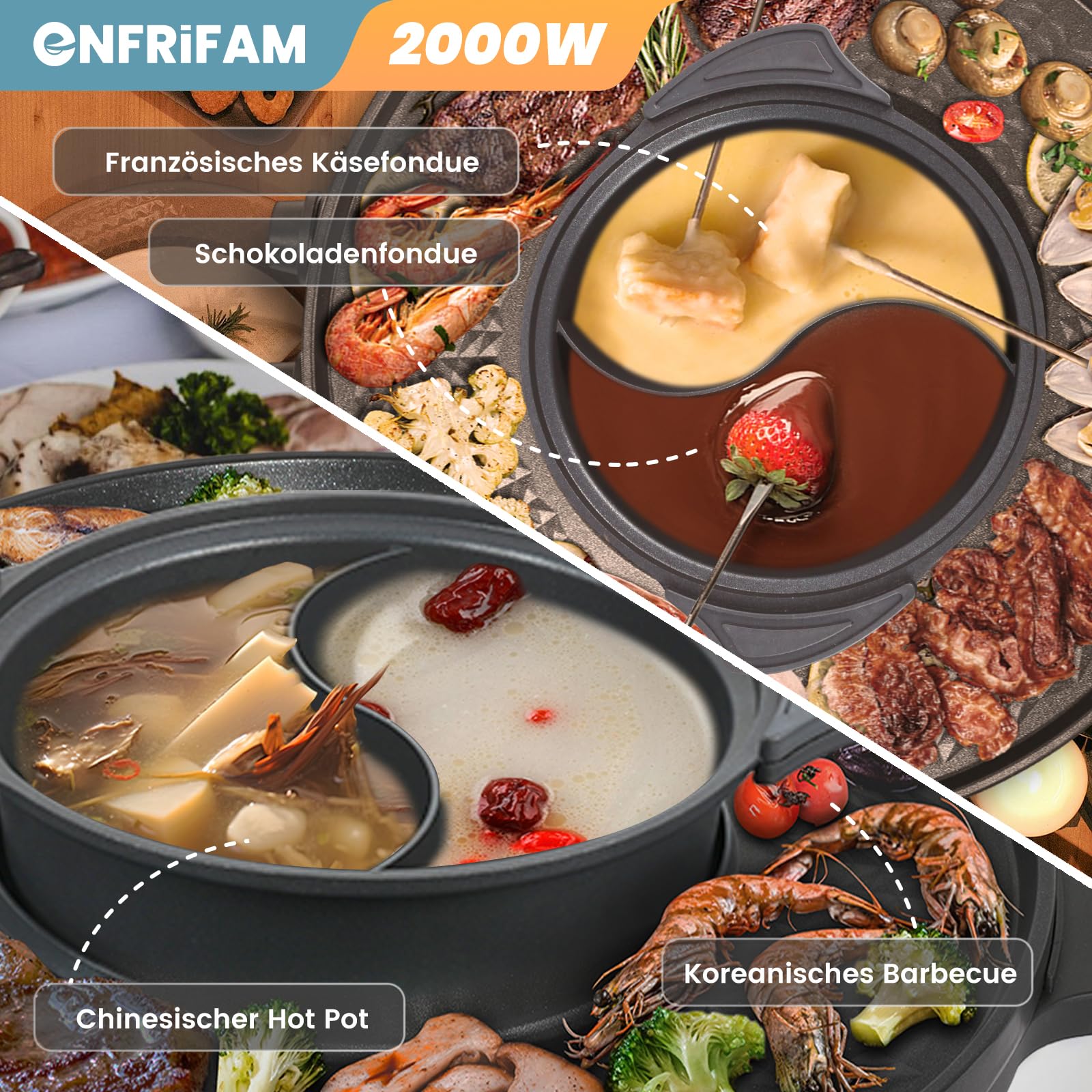 2000W Hot Pot Elektrischer, 2 in 1 Hotpot und Raclette grill, für 8 Personen, Grill Hot Pot, gleichmäßige Erhitzung mit unabhängiger Temperaturregelung, leicht zu reinigen