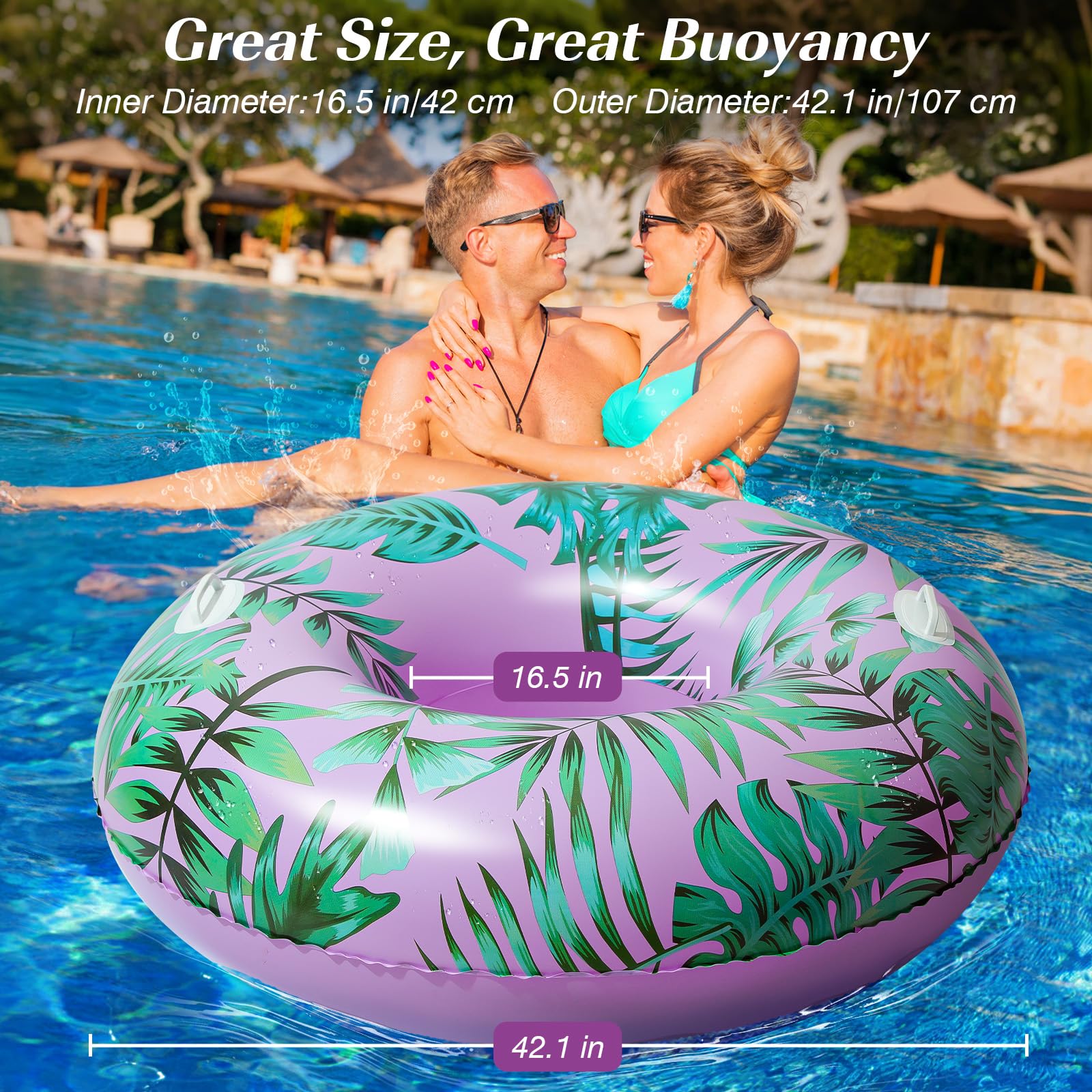 HeySplash Pool Inflatables for Adult,108CM Large Swim Rubber Ring with Handles,Inflatable Swimming Tube,Float Toy for River Beach Lake Party Decoration,Pool Tube for Floating Raft Pink+Green Leaves - Image 2