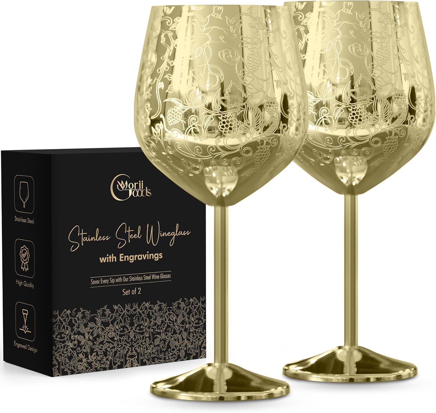 Stainless Steel Wine Glasses – Set of 2 Etched 16 oz Metal Goblets, Unbreakable Rose Gold Cups for Camping, Travel, Outdoor Events, Picnics, Luxury Wine Gifts for Women and Men