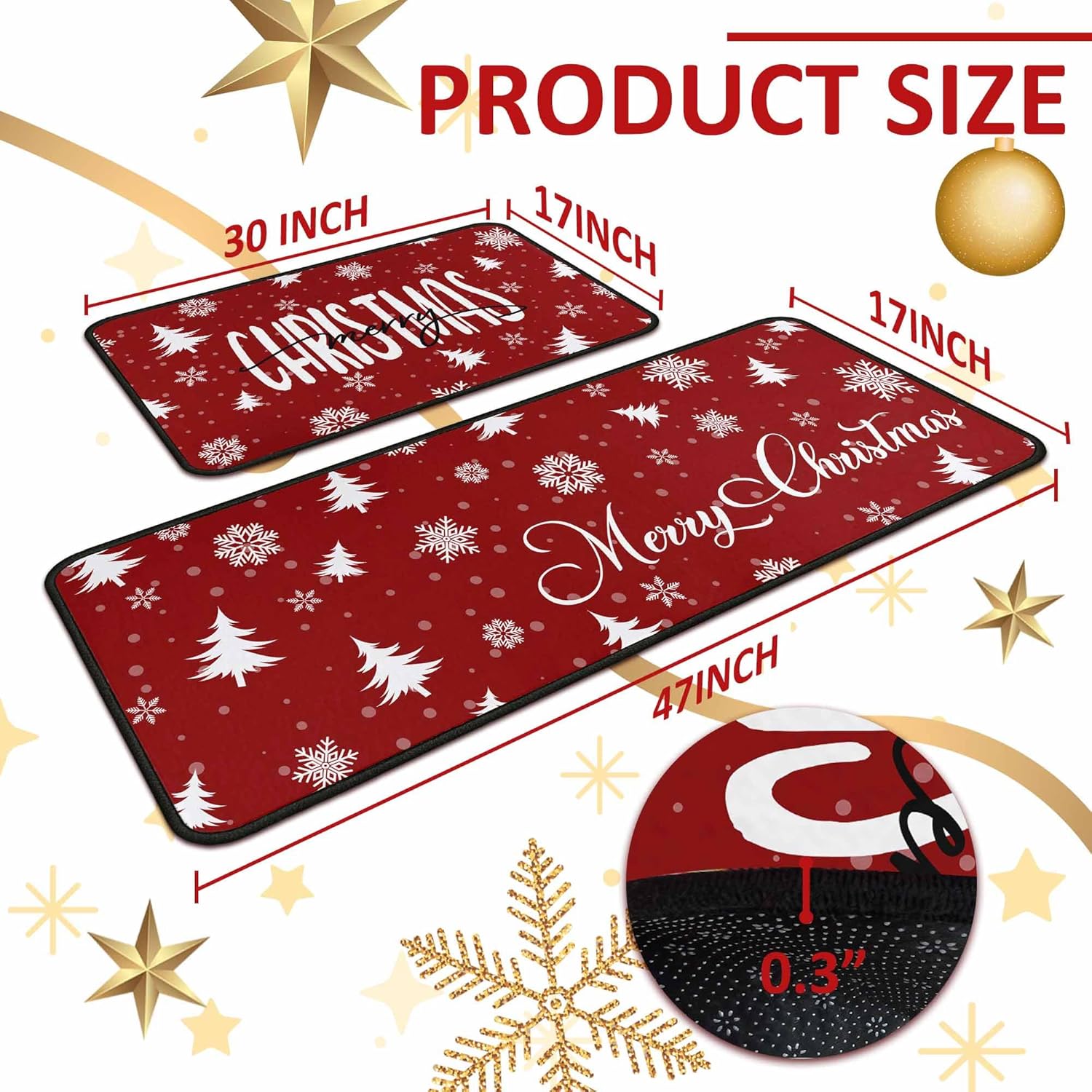 Christmas Kitchen Rugs and Mats Set of 2, Christmas Decorations for Home Non Slip Backing Winter Holiday Kitchen Rug Snowflake Kitchen Floor Mat Xmas Decor (Snowflake, 17"x47"+17"x30")