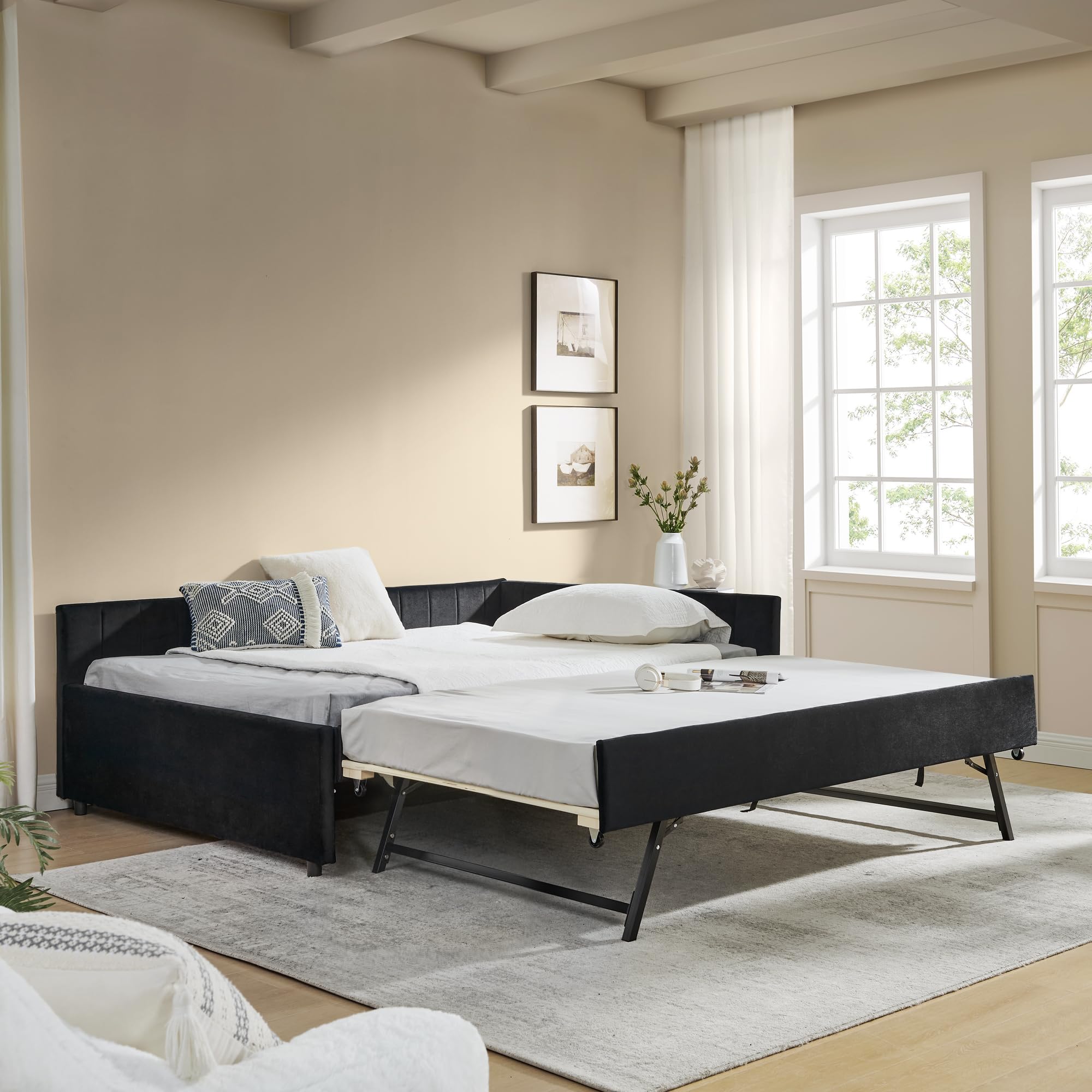 SEE DESCRIPTION Full Size Daybed with Trundle, Upholstered Tufted Sofa Bed Frame with Backrest and Armrests, Black