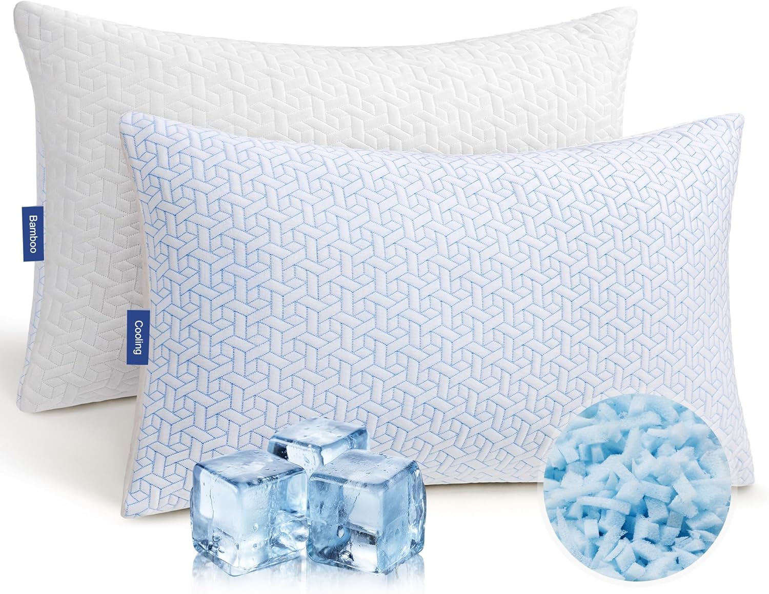 puredown® Cooling Shredded Memory Foam Pillows Queen Size Set of 2, Adjustable Foams Bed Pillow for Sleeping with Zipper Removable Pillow Cover，20x30In