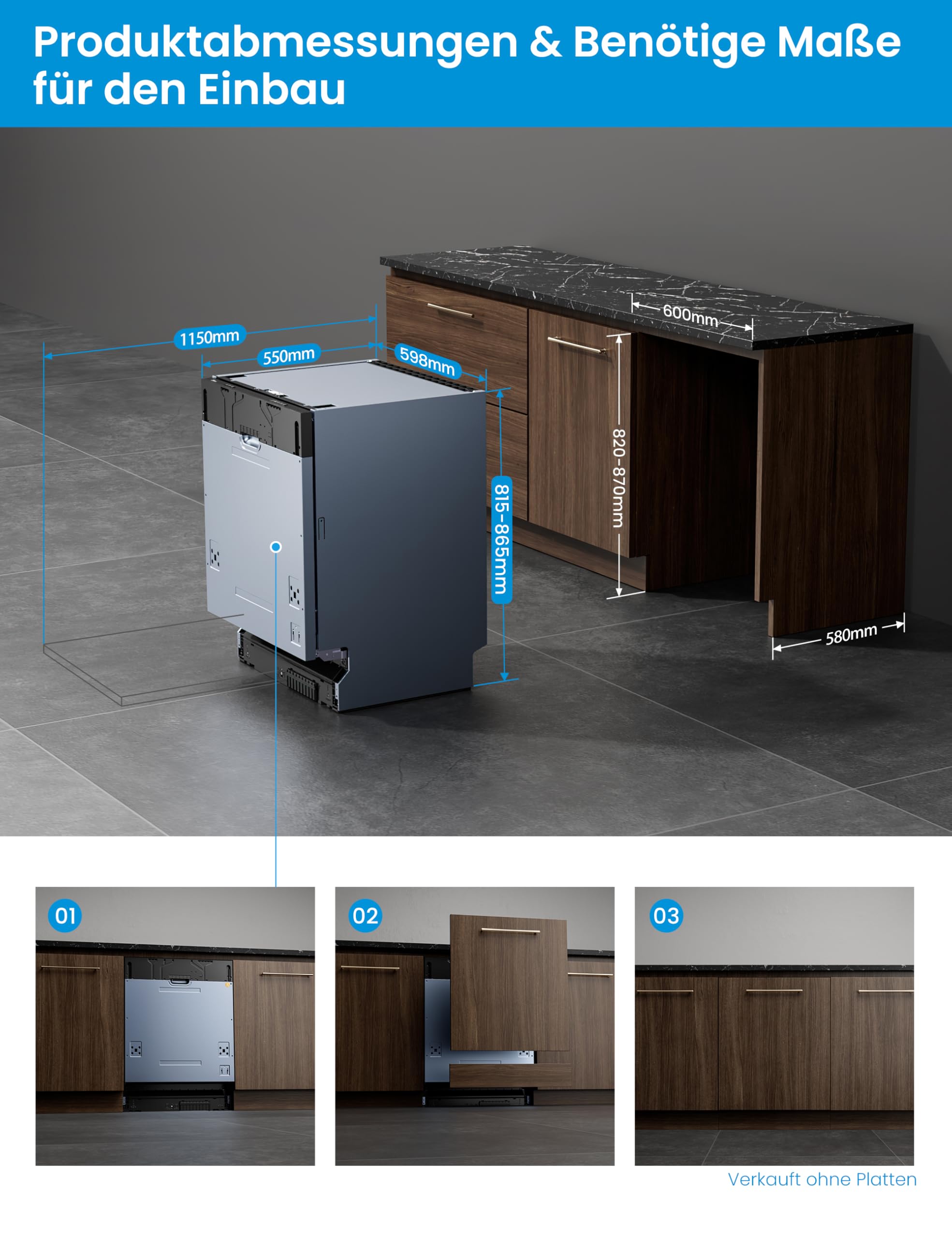 Midea SV 7.03M14B Lave-vaisselle entièrement intégré, 60 cm, 14 compartiments standards, tiroir à couverts, entretien hygiénique, avec WiFi, 7 programmes, 42 dB, Dualzone Wash, séchage supplémentaire