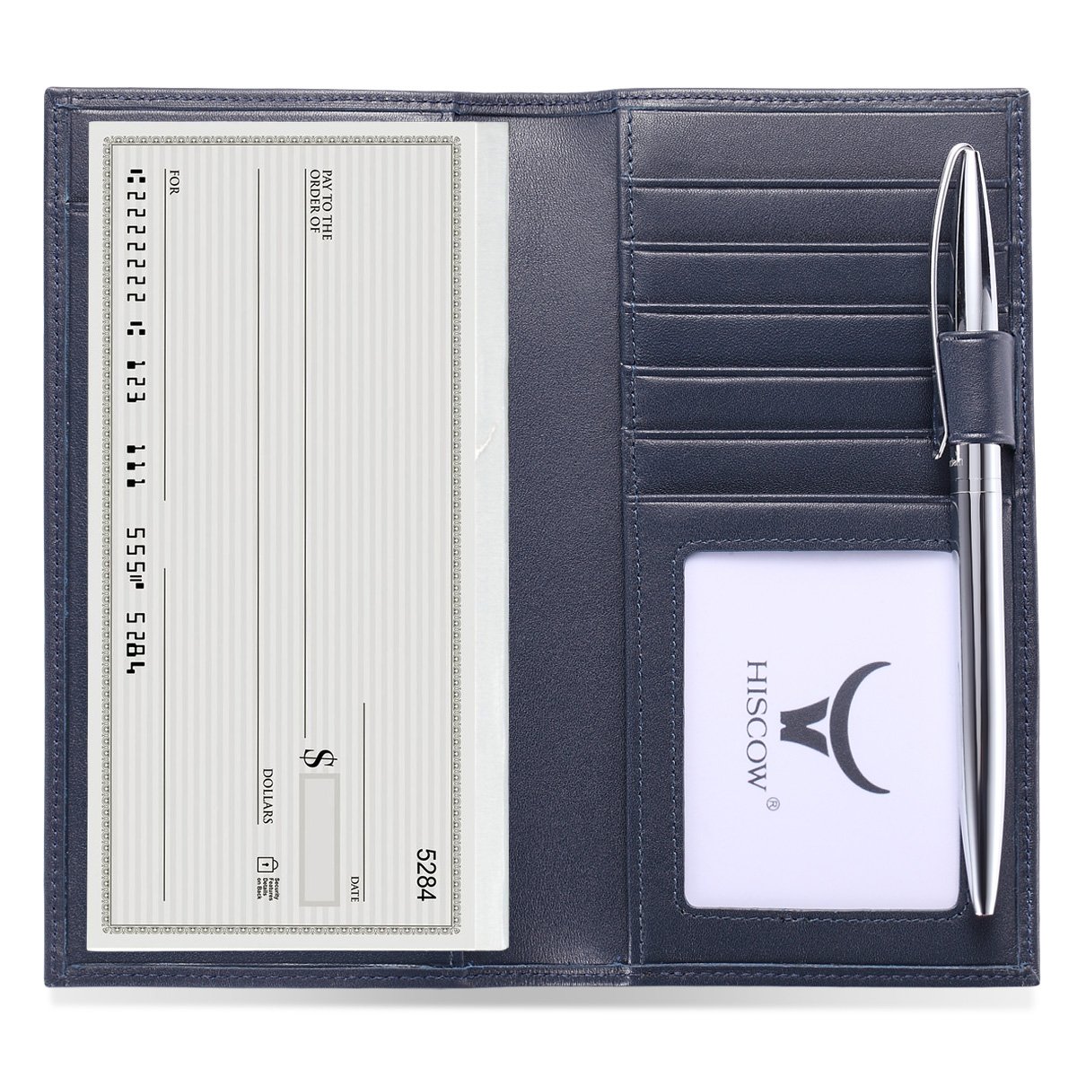 HISCOW Soft Leather Checkbook Cover & Card Holder with Divider - Italian Calfskin (Dark Blue)