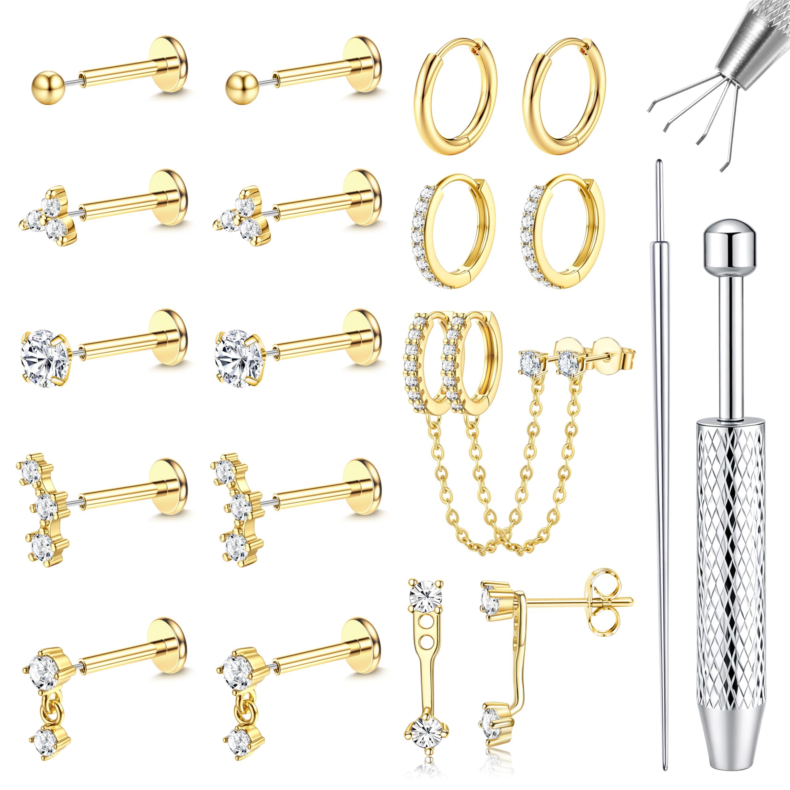 Pendientes de Tuerca con Parte Trasera Plana de 16G/18G/20G para Mujer, hipoalergénicos