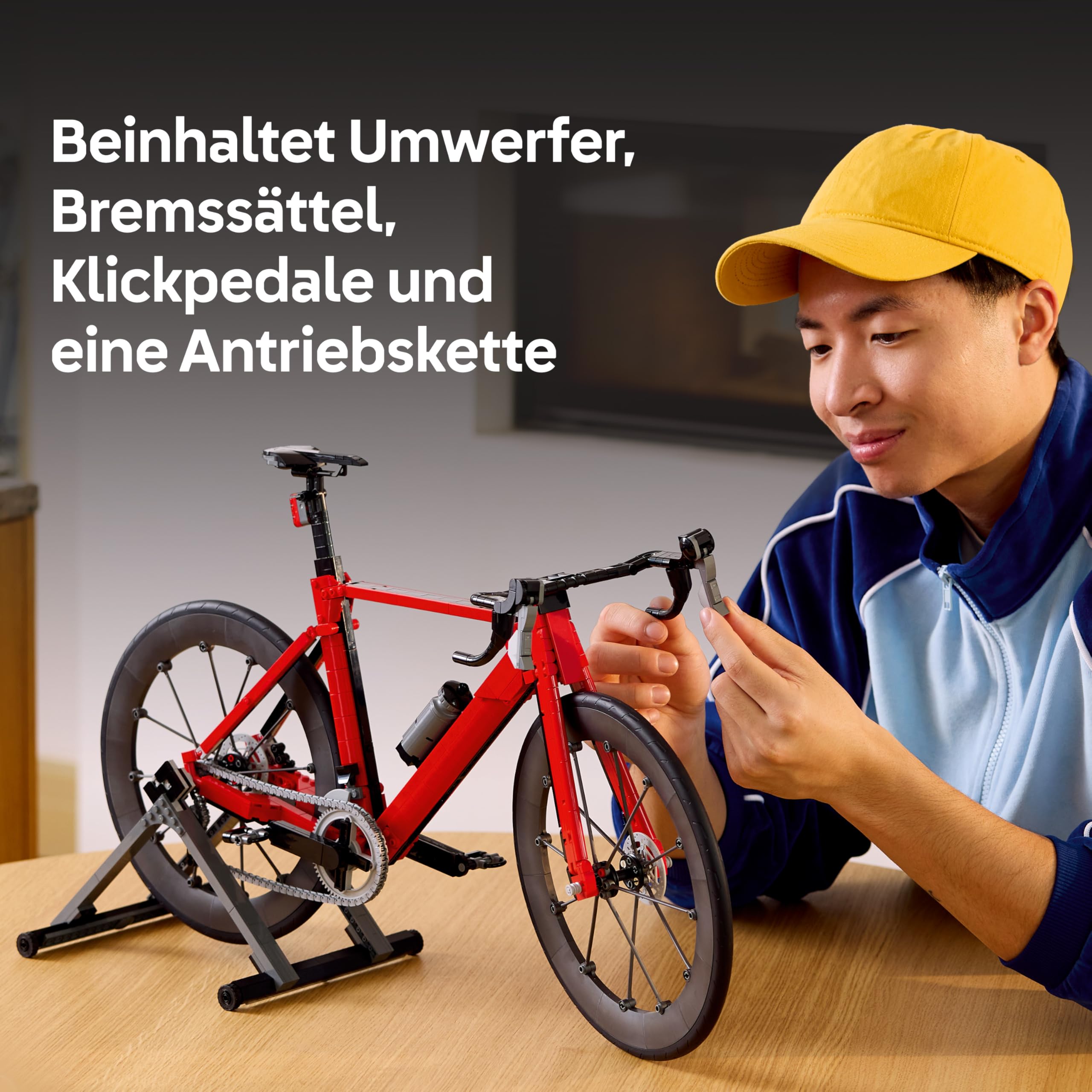 BRICK Flip LEGO Rennrad - LEGO 11380 Fahrrad inkl. bedruckter Fliese, Icons Legorad mit Gummireifen, Schaltwerk und Hinterradständer als Schreibtisch