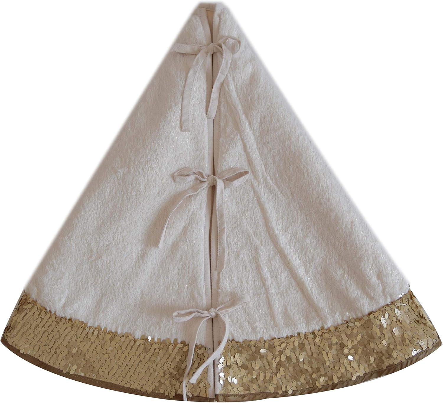 Soft Warm Faux Fur with Gold Shimmer Metallic Center, Gold Sparkle Glitter Border,Tie Closure Christmas Tree Skirt-48inch