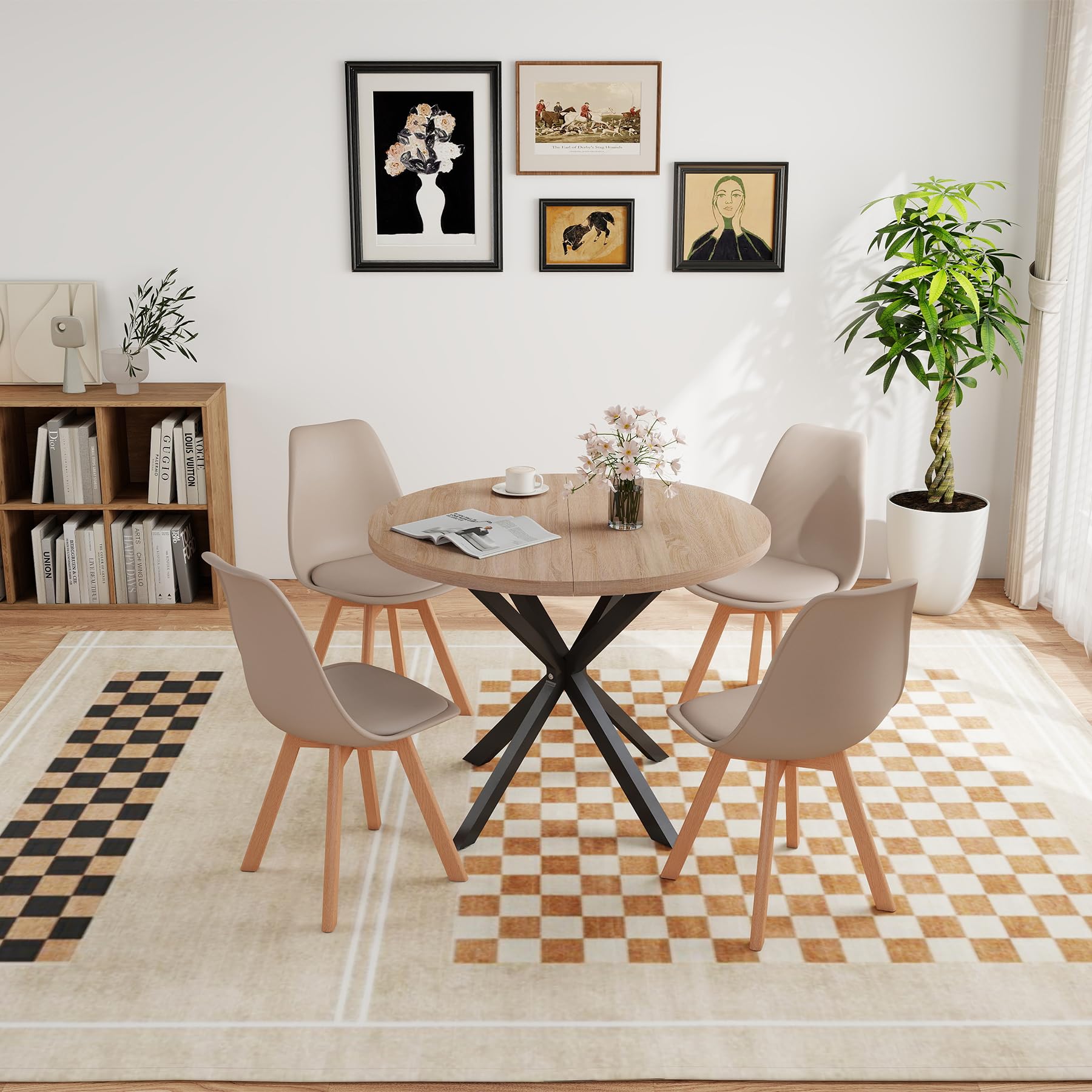 GrandCA HOME - Juego de Comedor con 4 sillas, Mesa Redonda de Madera de 100 x 100 x 75 cm, 4 sillas de Respaldo Alto, Patas de Madera de Haya (marrón Claro y Caqui)