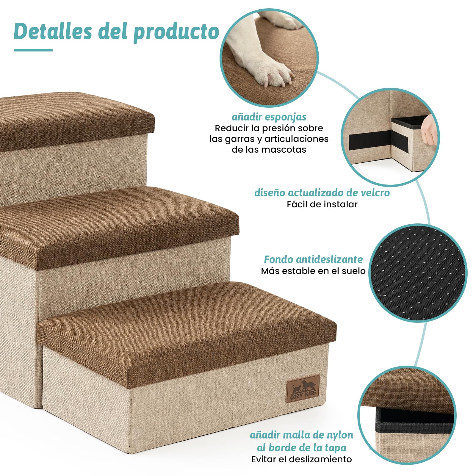 COZY KISS Escalera para Perros Pequeños con Almacenamiento, Plegable Rampa para Perros con Tapa a Prueba de Fugas, Paso para Mascotas Mayores para Silla Sofá, Ligero, Confort (Marrón, 43x72x42.5cm, 3)