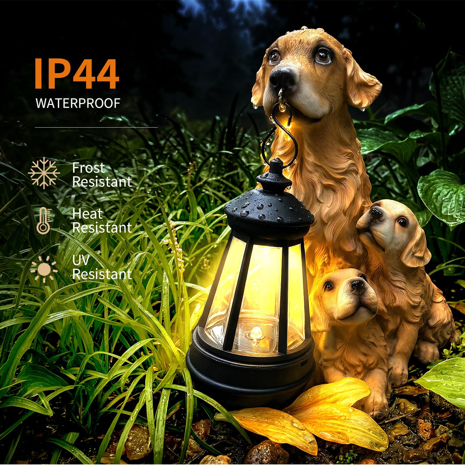 Statue de Jardin Chien Éclairage Solaire Extérieur: Figurine Chien Golden Retriever avec Chiots et Lanterne Solaire, Décoration Imperméable pour Balcon Terrasse, Idée Cadeau Anniversaire Femme Homme