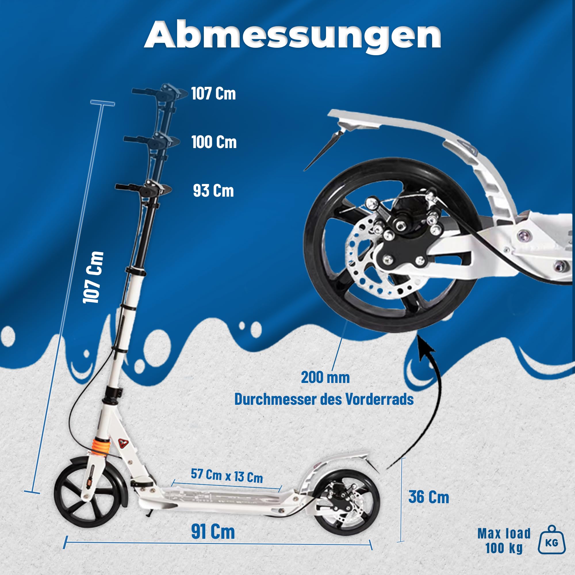 Habib Gruppe Patinete urbano para adultos, de aluminio no eléctrico, plegable, ruedas grandes de 200 mm, con doble suspensión, freno de mano regulable en altura, 100 kg de carga a partir de 14 años