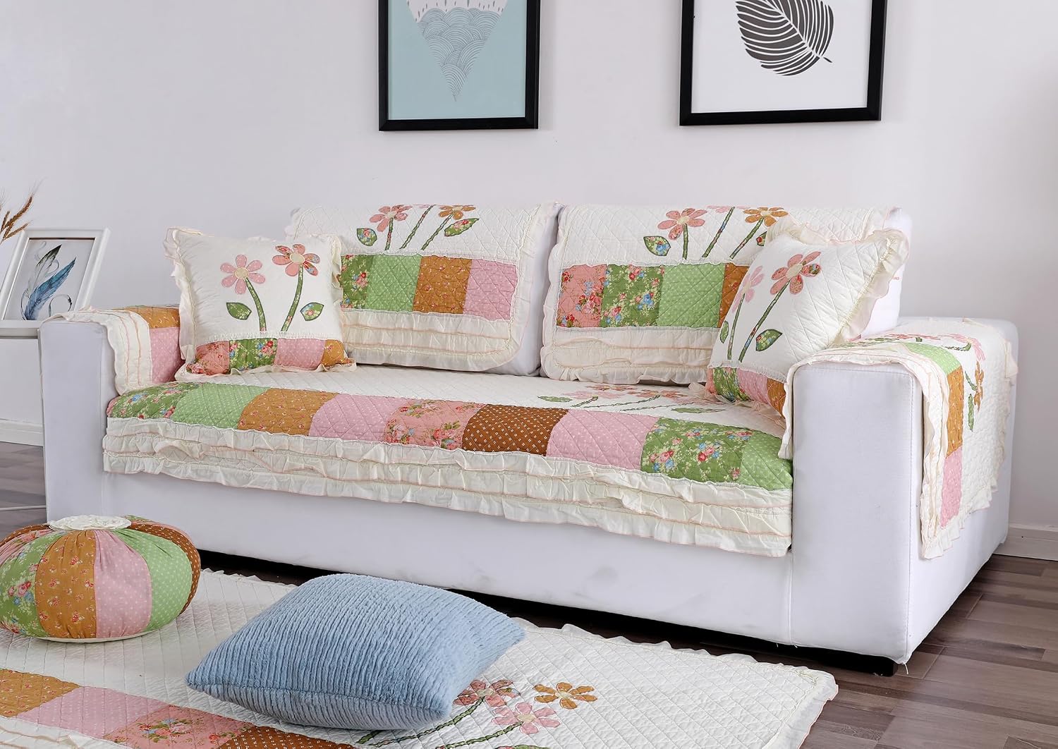 Cotton Patchwork Sofa Cover Floral Applique Sofa Slipcover with Multilayer Lace Soft Boho Quilted Sectional Couch Cover Non-Slip Washable Furniture Protector for Pet Kids (Pattern A,36"x36")